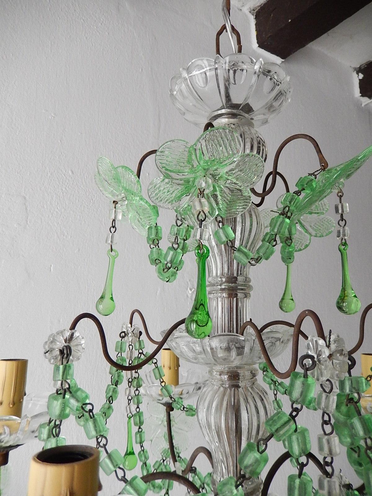 Early 20th Century French Murano Green Drops Macaroni Swags Flowers Chandelier, circa 1920 For Sale