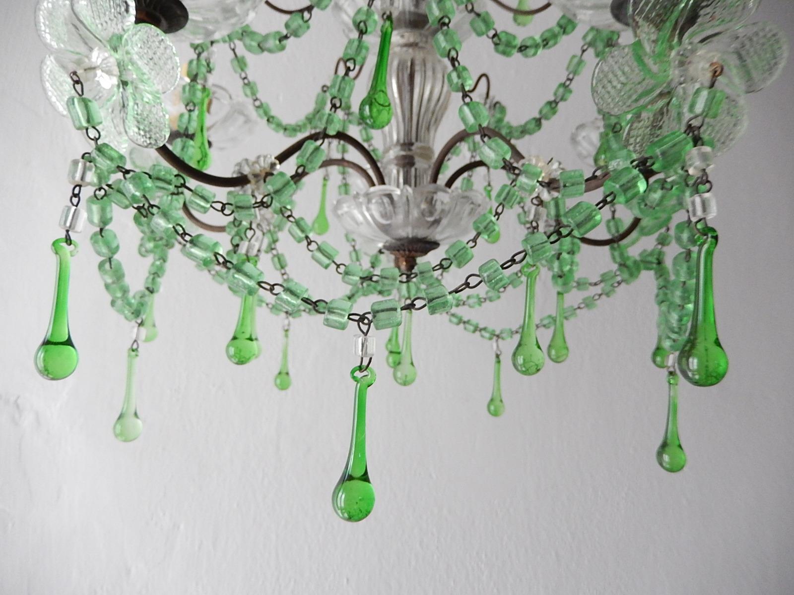 Murano Glass French Murano Green Drops Macaroni Swags Flowers Chandelier, circa 1920 For Sale