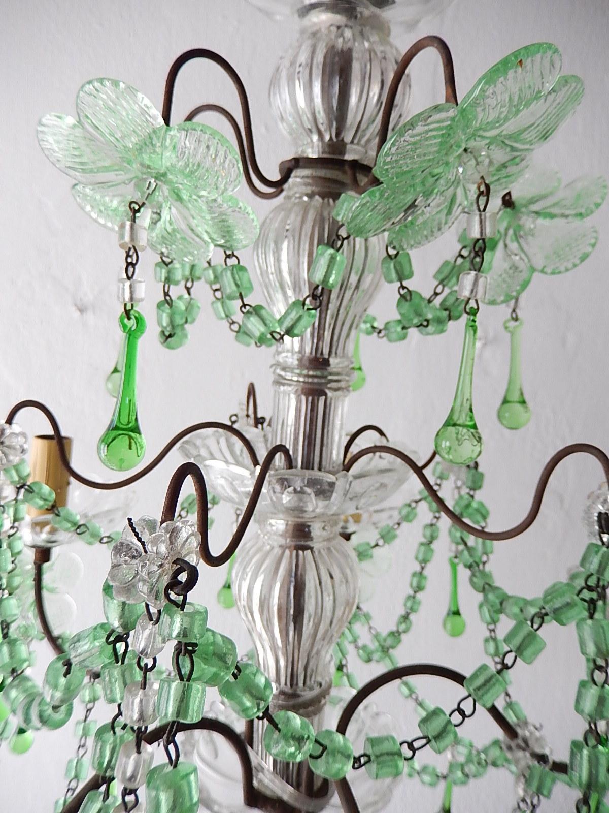 French Murano Green Drops Macaroni Swags Flowers Chandelier, circa 1920 For Sale 2