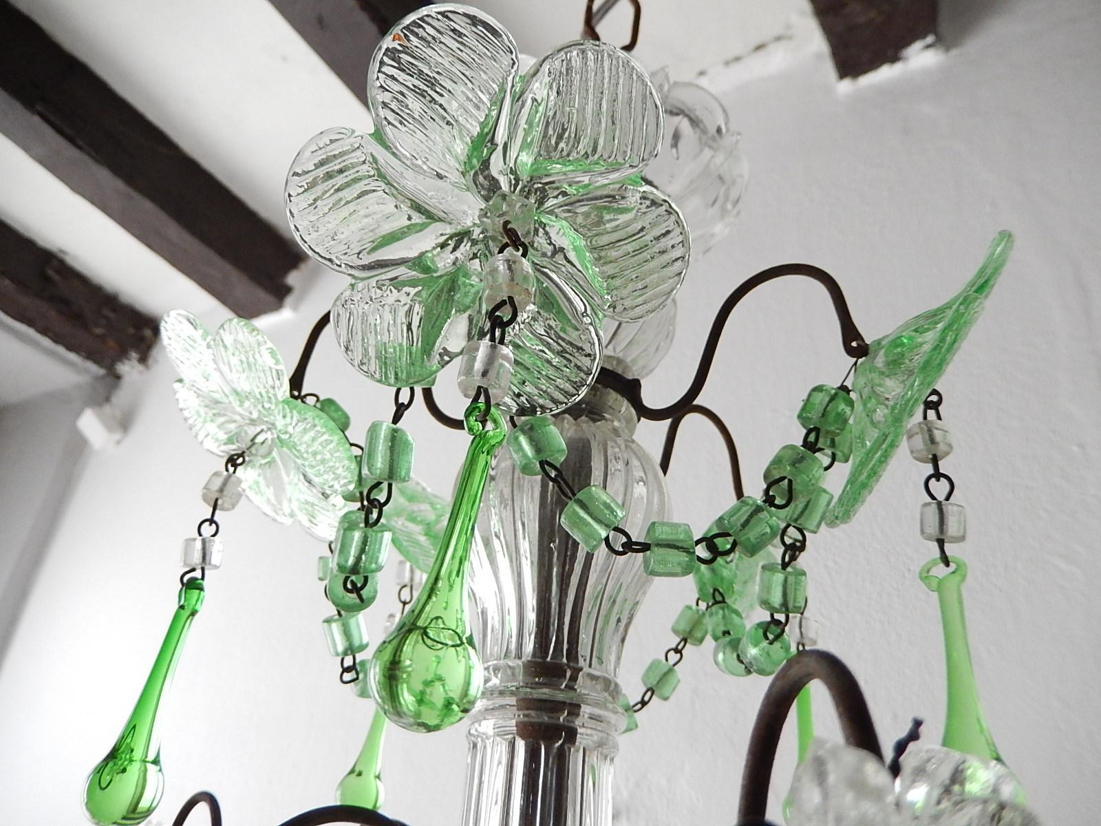 French Murano Green Drops Macaroni Swags Flowers Chandelier, circa 1920 For Sale 3