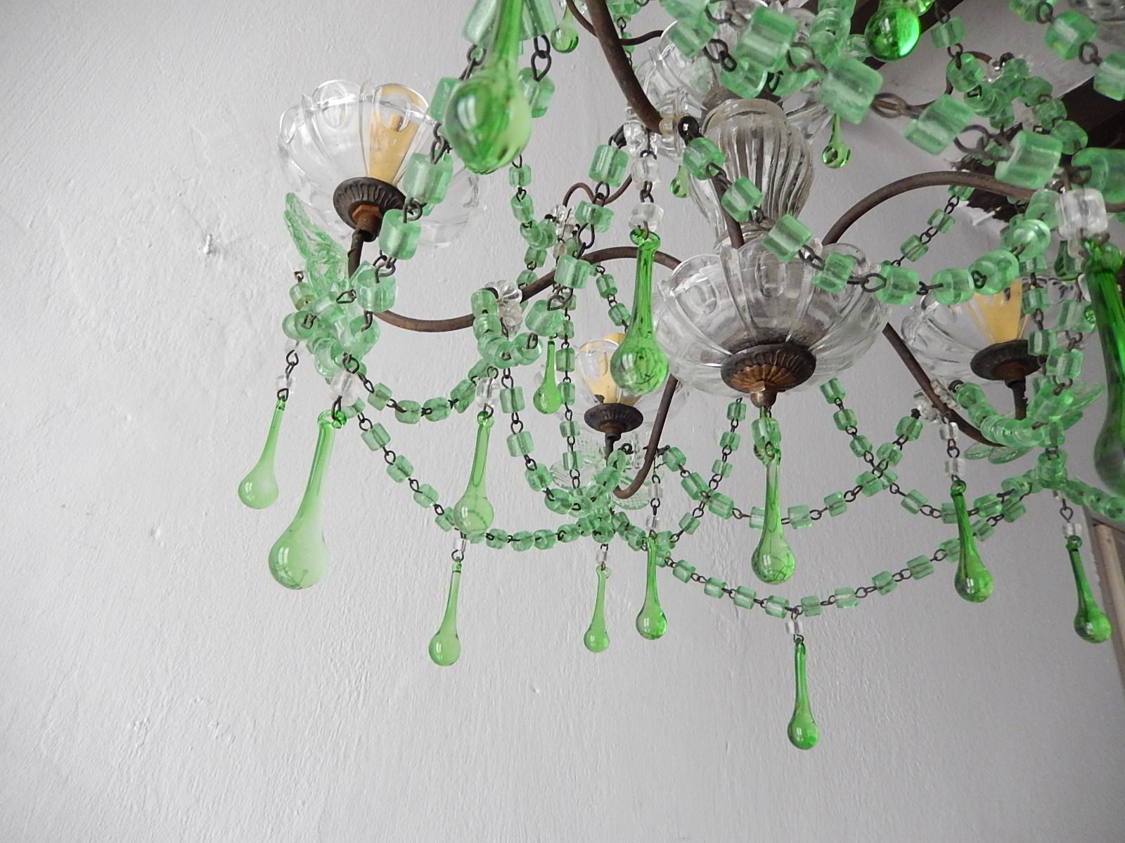 French Murano Green Drops Macaroni Swags Flowers Chandelier, circa 1920 For Sale 4