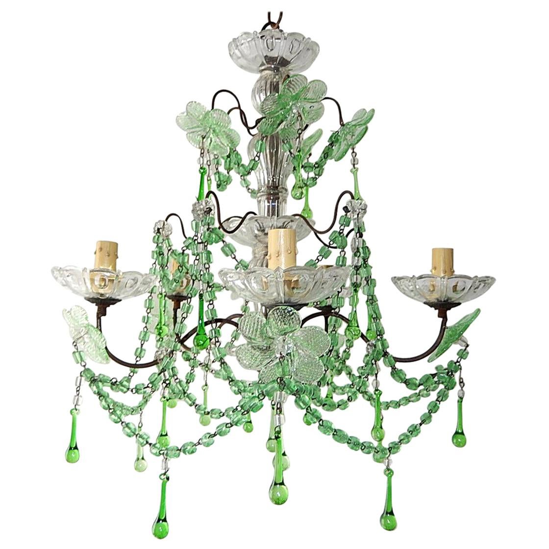 French Murano Green Drops Macaroni Swags Flowers Chandelier, circa 1920