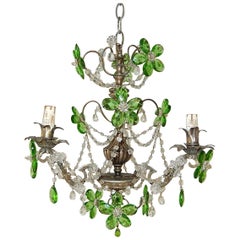 French Murano Green Drops Macaroni Swags Flowers Silver Chandelier, circa 1920