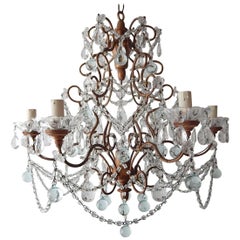 French Murano Ice Blue Balls and Crystal Swags Chandelier, circa 1920