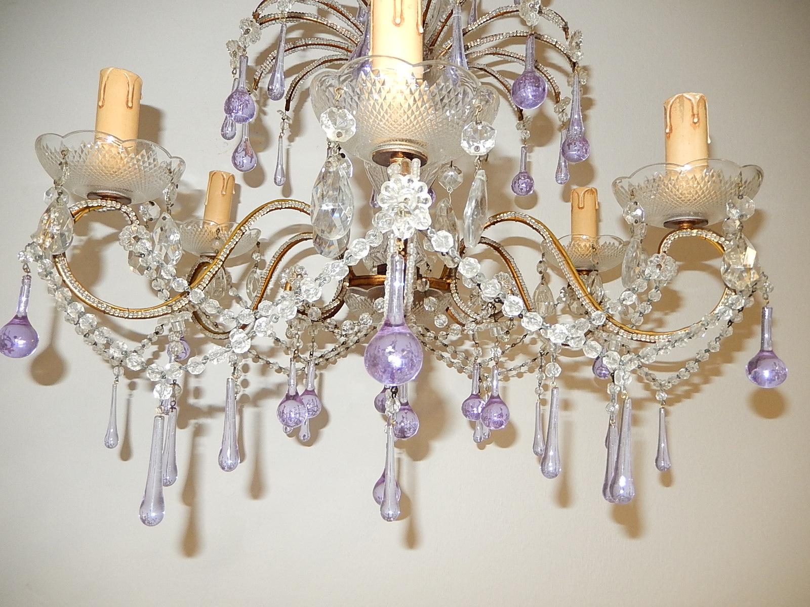 French Murano Lavender Drops and Crystal Swags Chandelier circa 1920 6