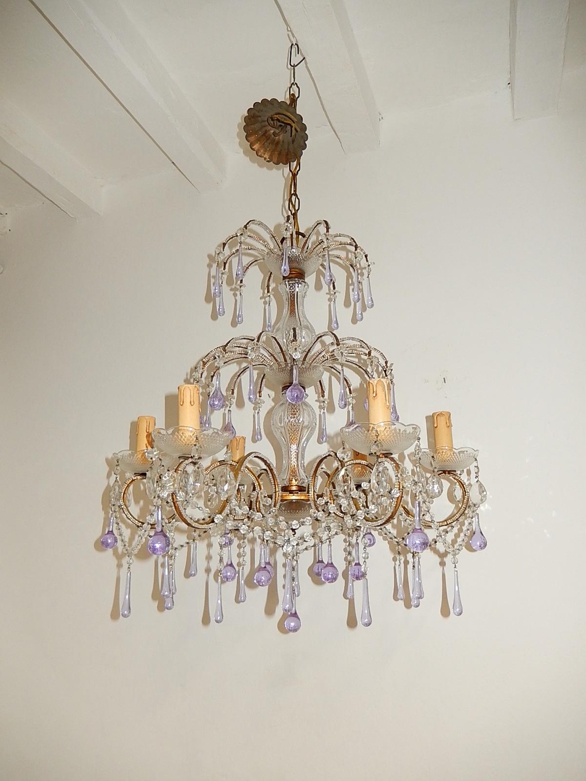 French Murano Lavender Drops and Crystal Swags Chandelier circa 1920 7