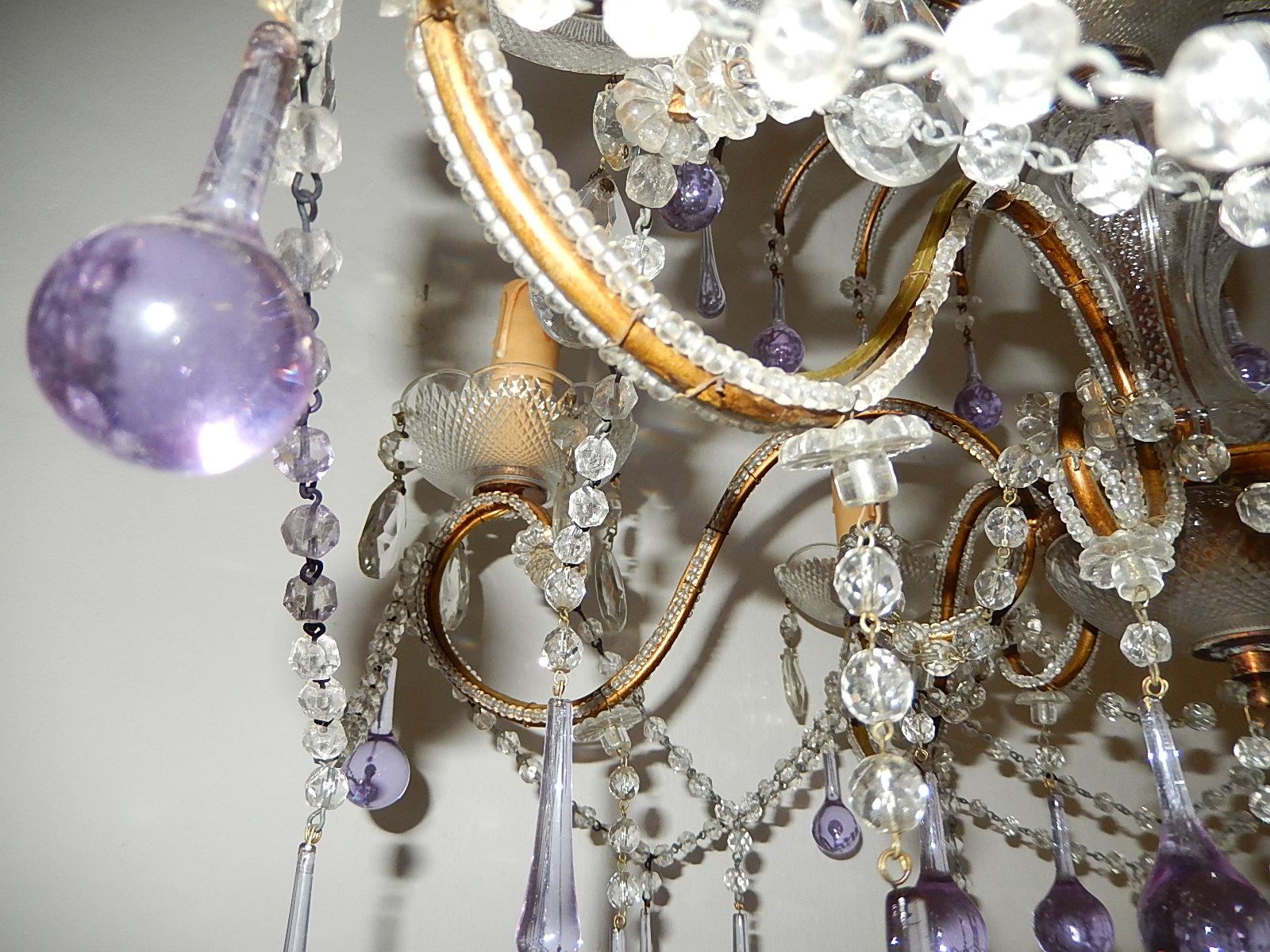 French Murano Lavender Drops and Crystal Swags Chandelier circa 1920 8