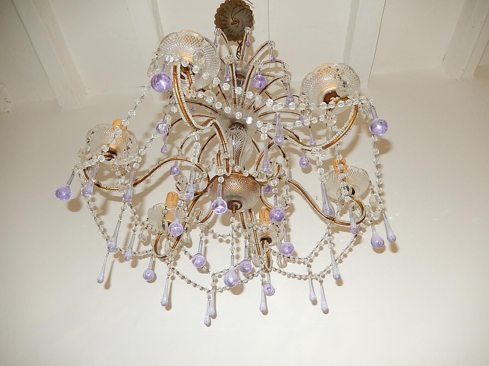 French Murano Lavender Drops and Crystal Swags Chandelier circa 1920 In Good Condition In Modena (MO), Modena (Mo)