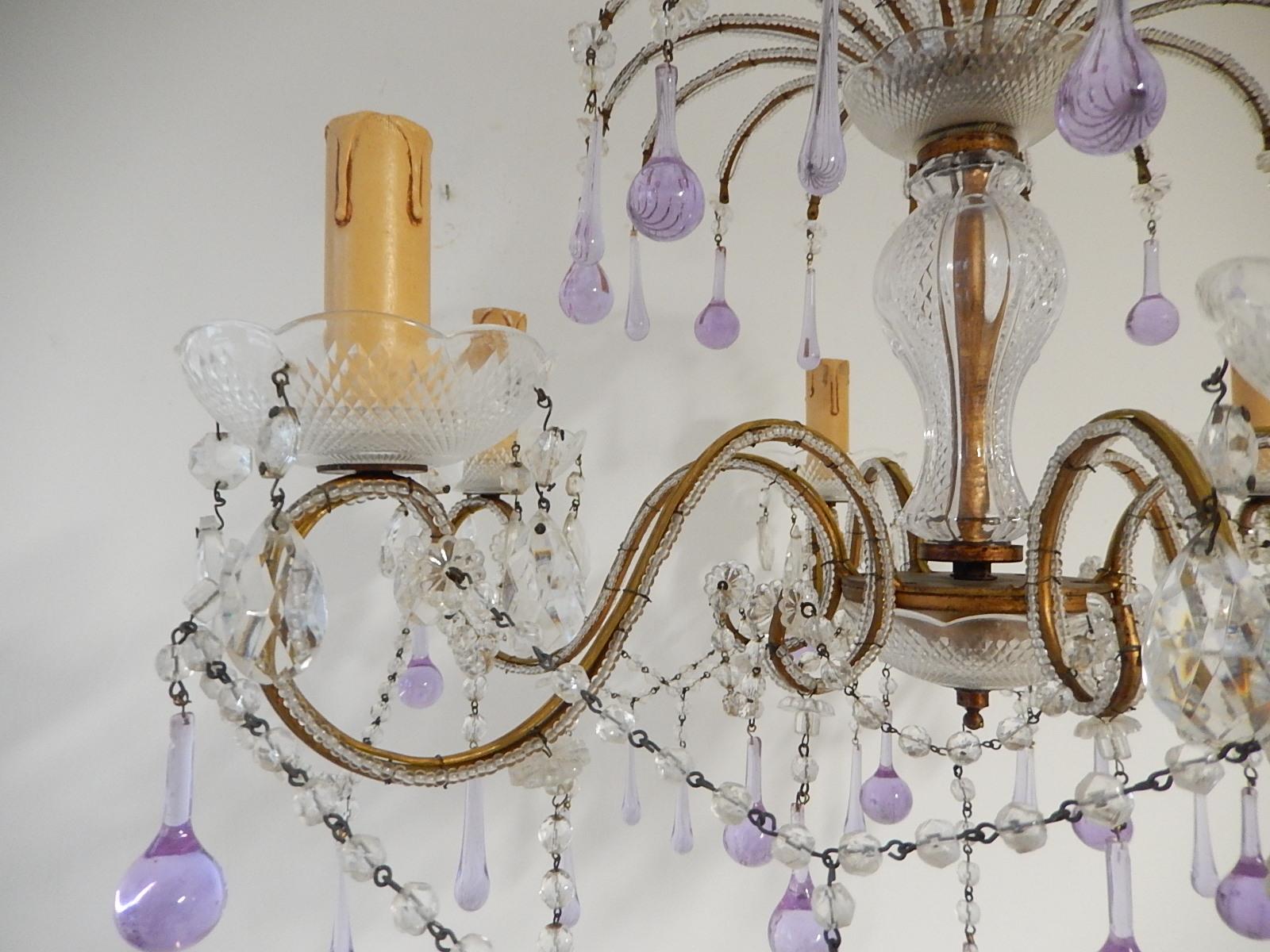 Early 20th Century French Murano Lavender Drops and Crystal Swags Chandelier circa 1920