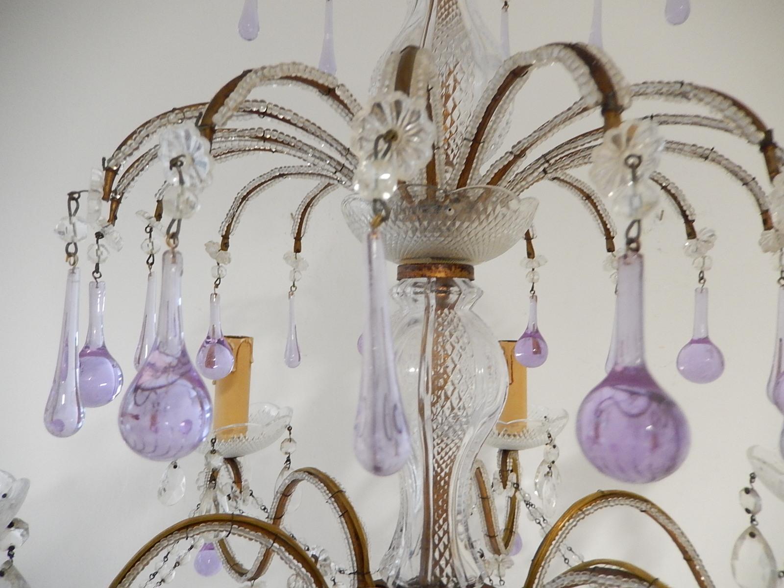 French Murano Lavender Drops and Crystal Swags Chandelier circa 1920 2