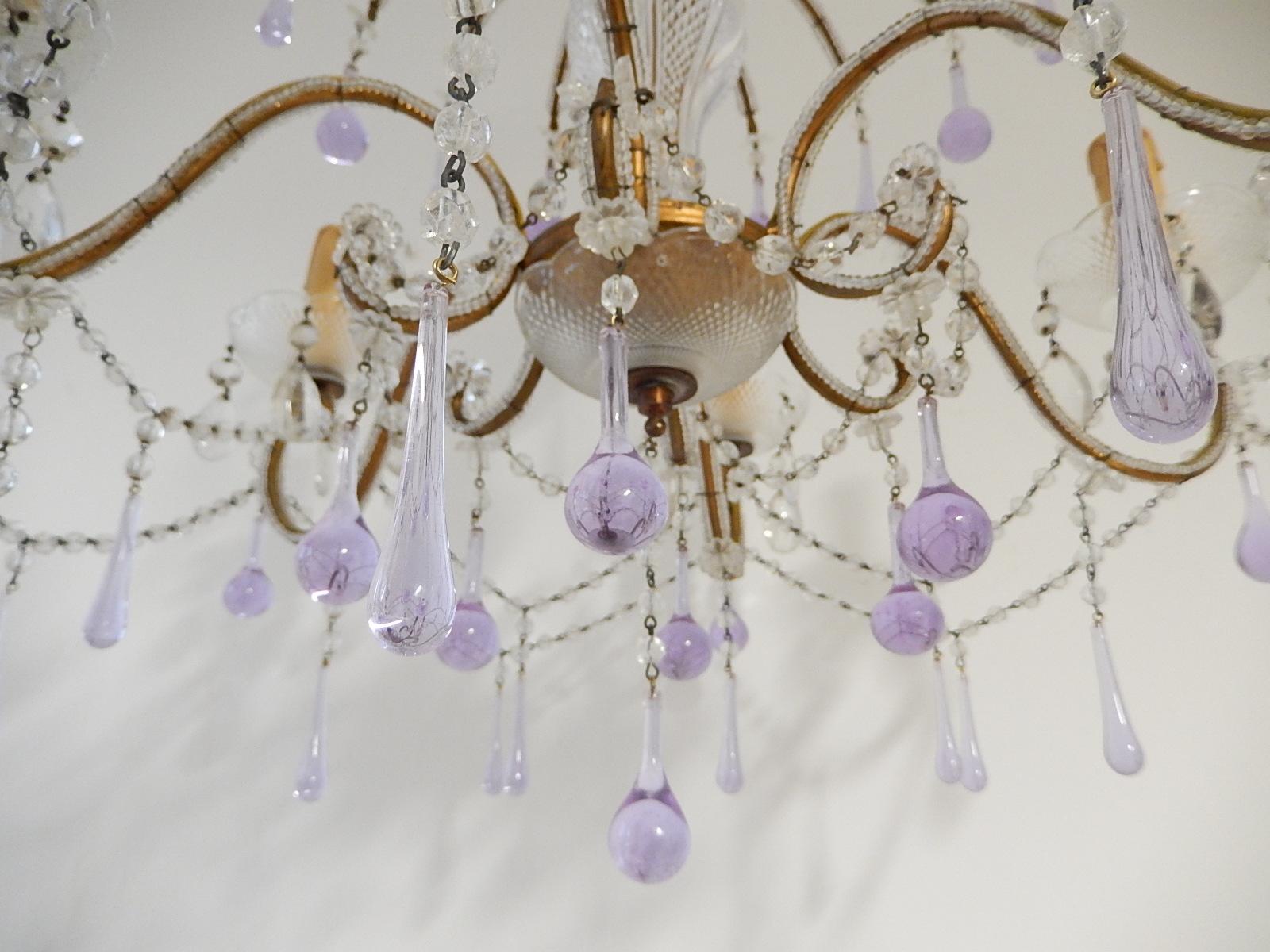 French Murano Lavender Drops and Crystal Swags Chandelier circa 1920 3