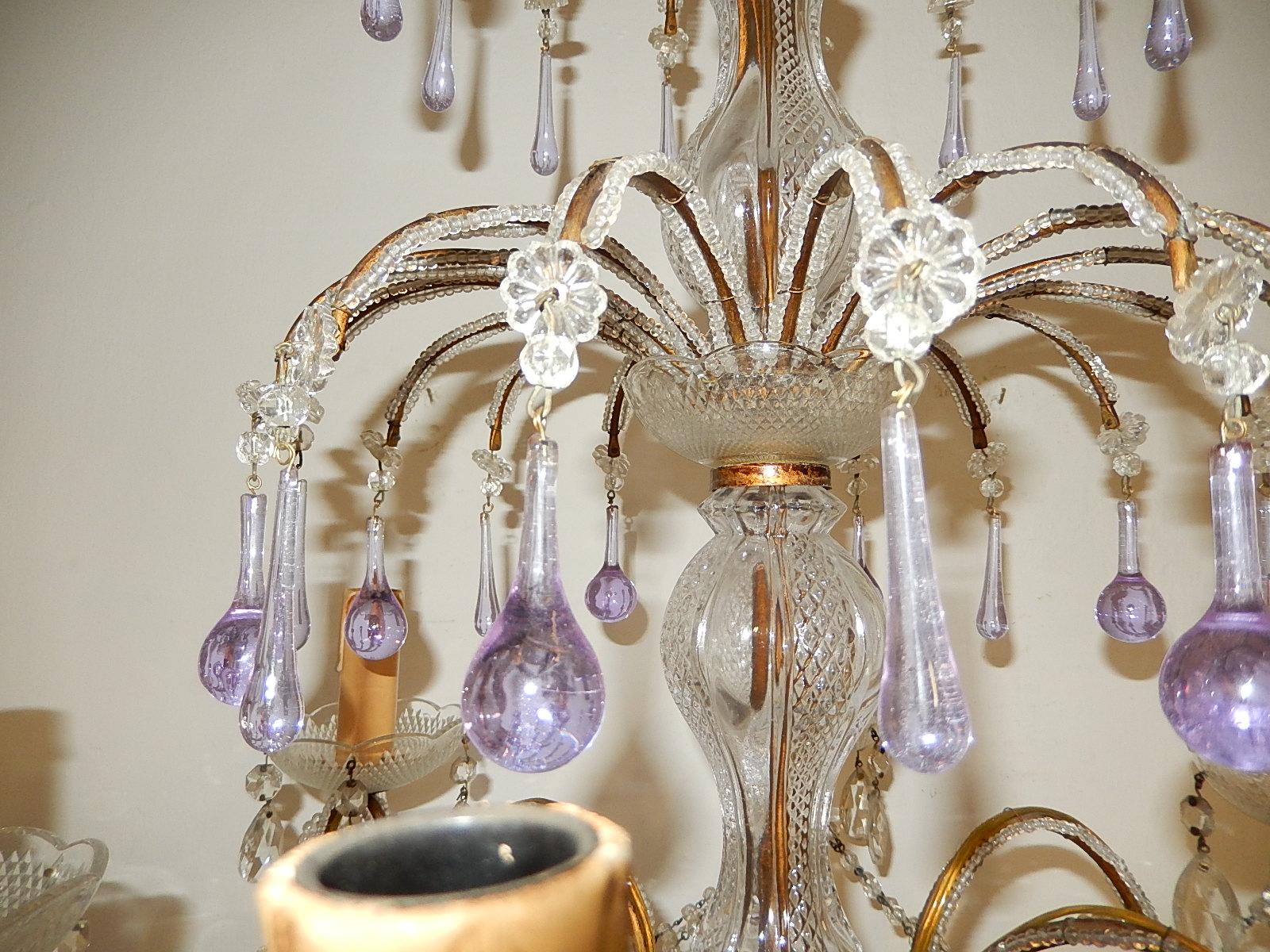 French Murano Lavender Drops and Crystal Swags Chandelier circa 1920 4
