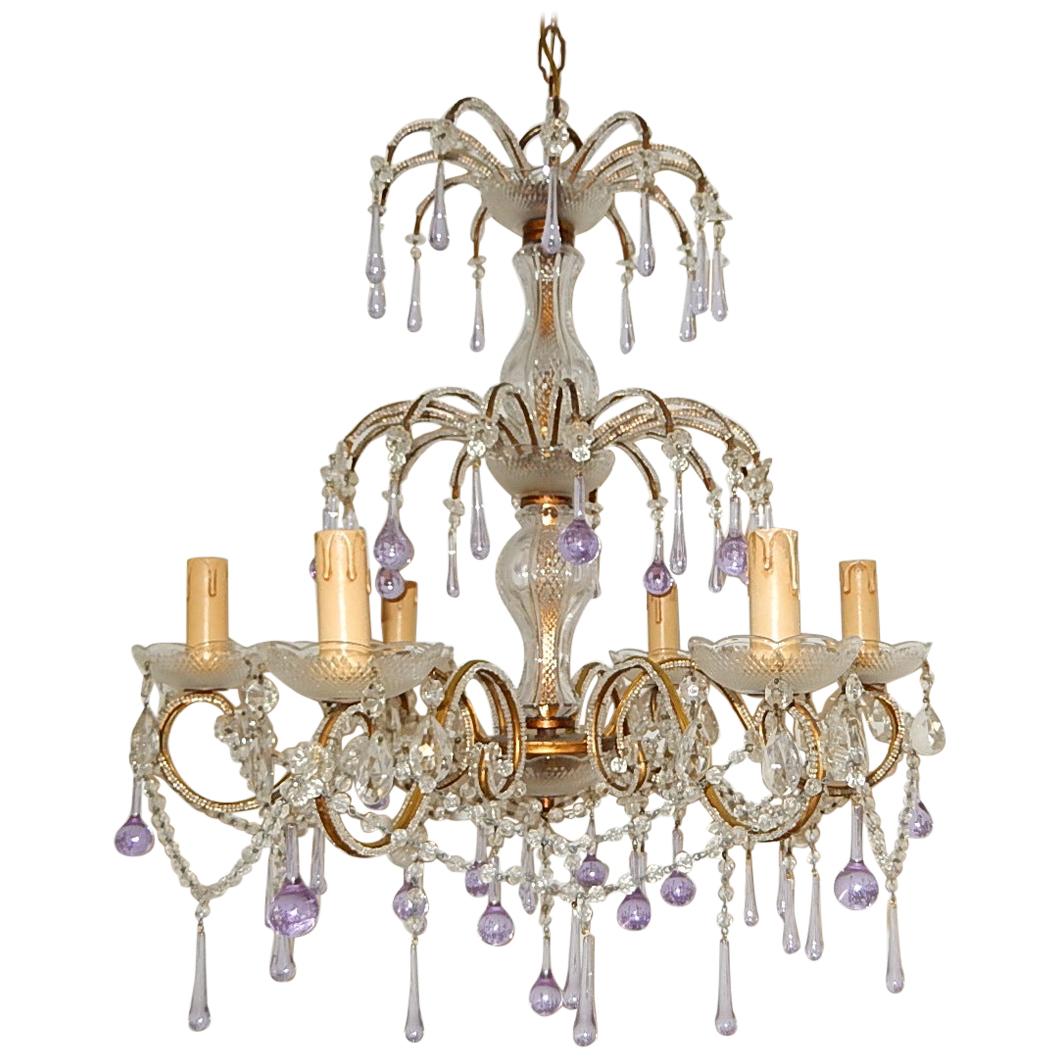 French Murano Lavender Drops and Crystal Swags Chandelier circa 1920