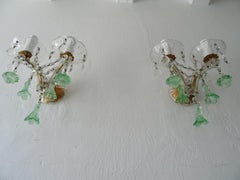 French Murano Light Green Bell Flower Balls Crystal Sconces, circa 1920