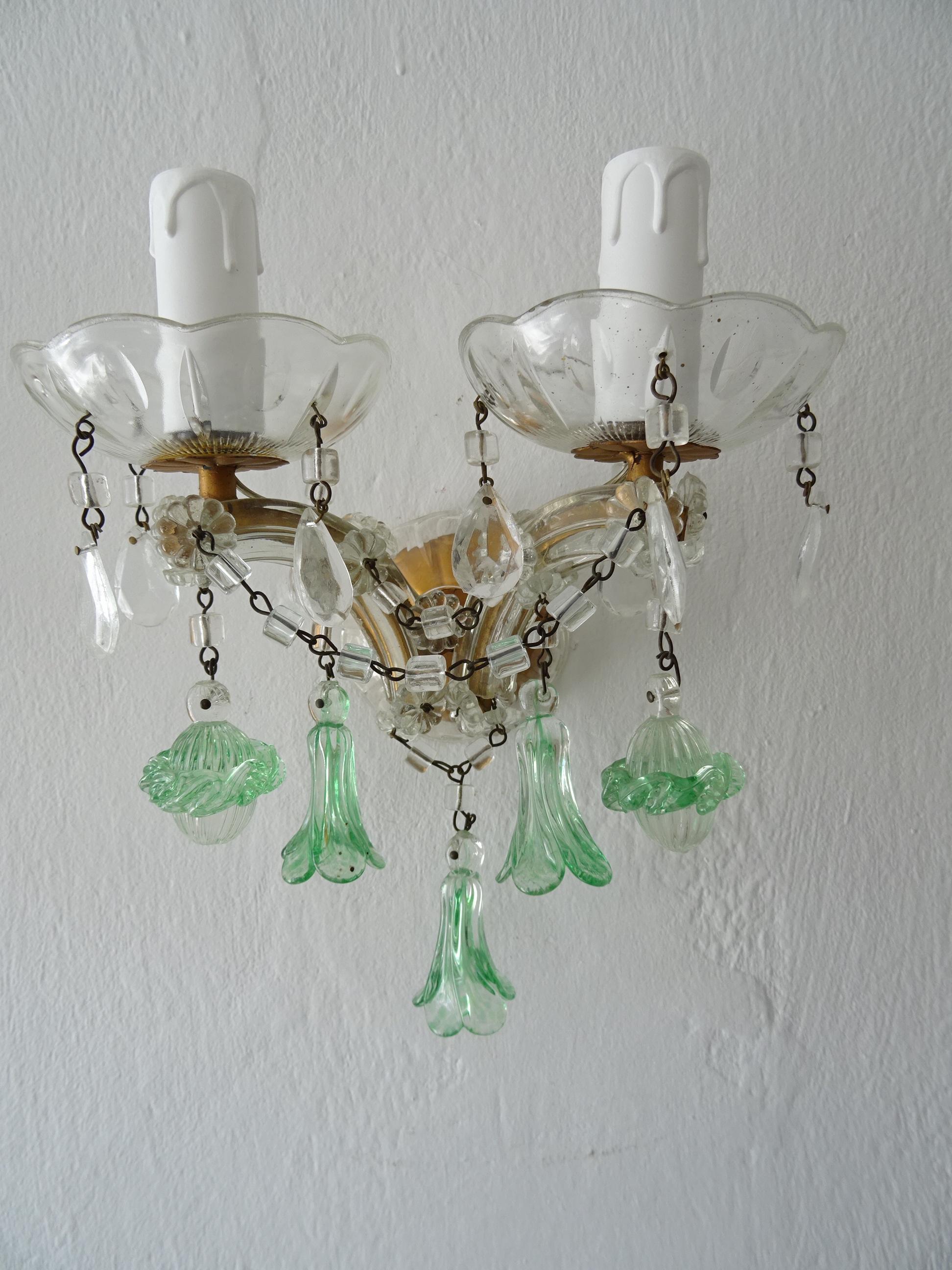 Early 20th Century French Murano Light Green Bell Flower Balls Crystal Sconces, circa 1920