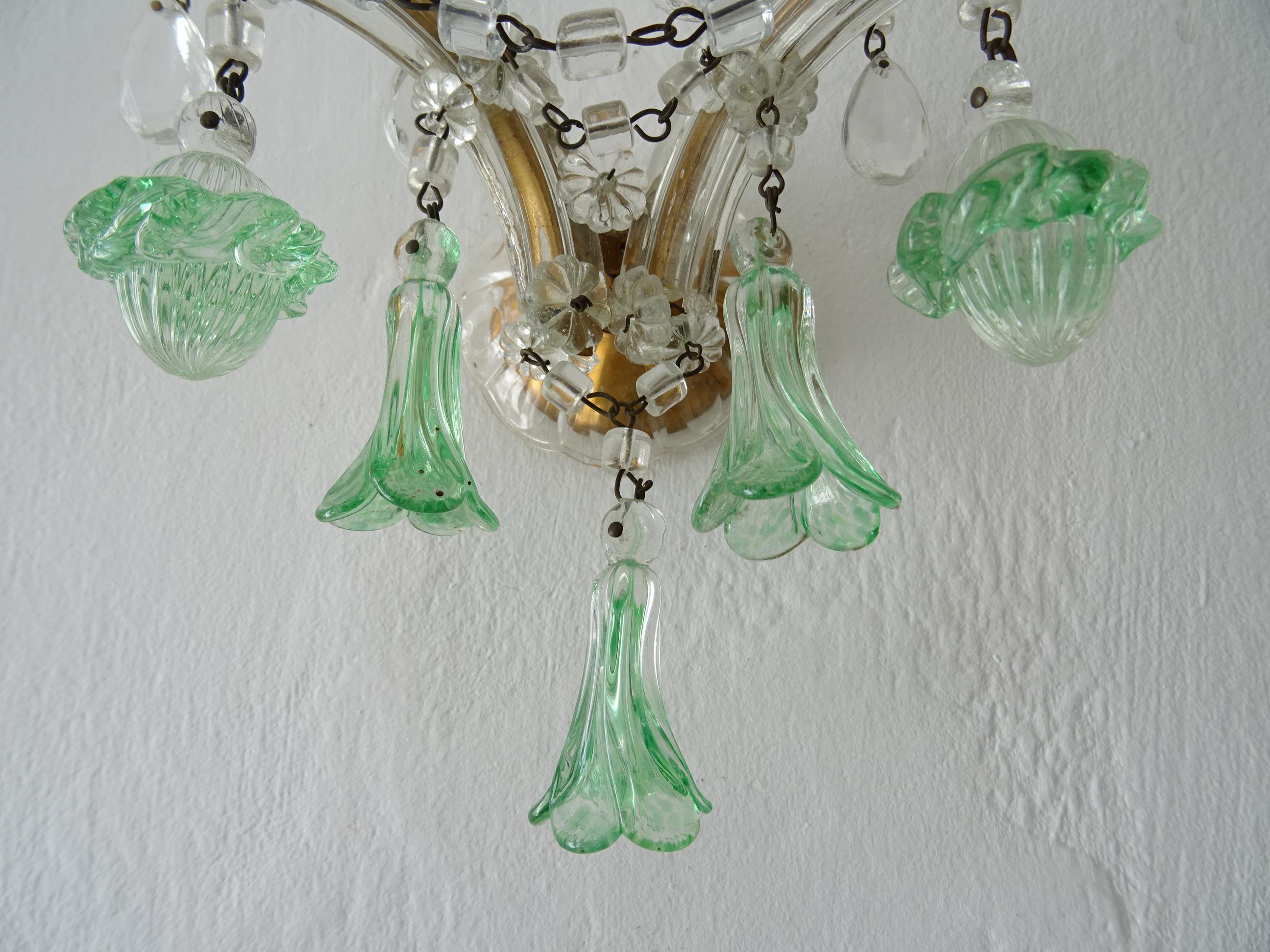 French Murano Light Green Bell Flower Balls Crystal Sconces, circa 1920 2