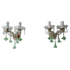 French Murano Light Green Bell Flower Balls Crystal Sconces, circa 1920