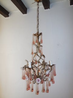 French Maison Bagues Style Pink Drops Beaded Porcelain Roses Tole Chandelier