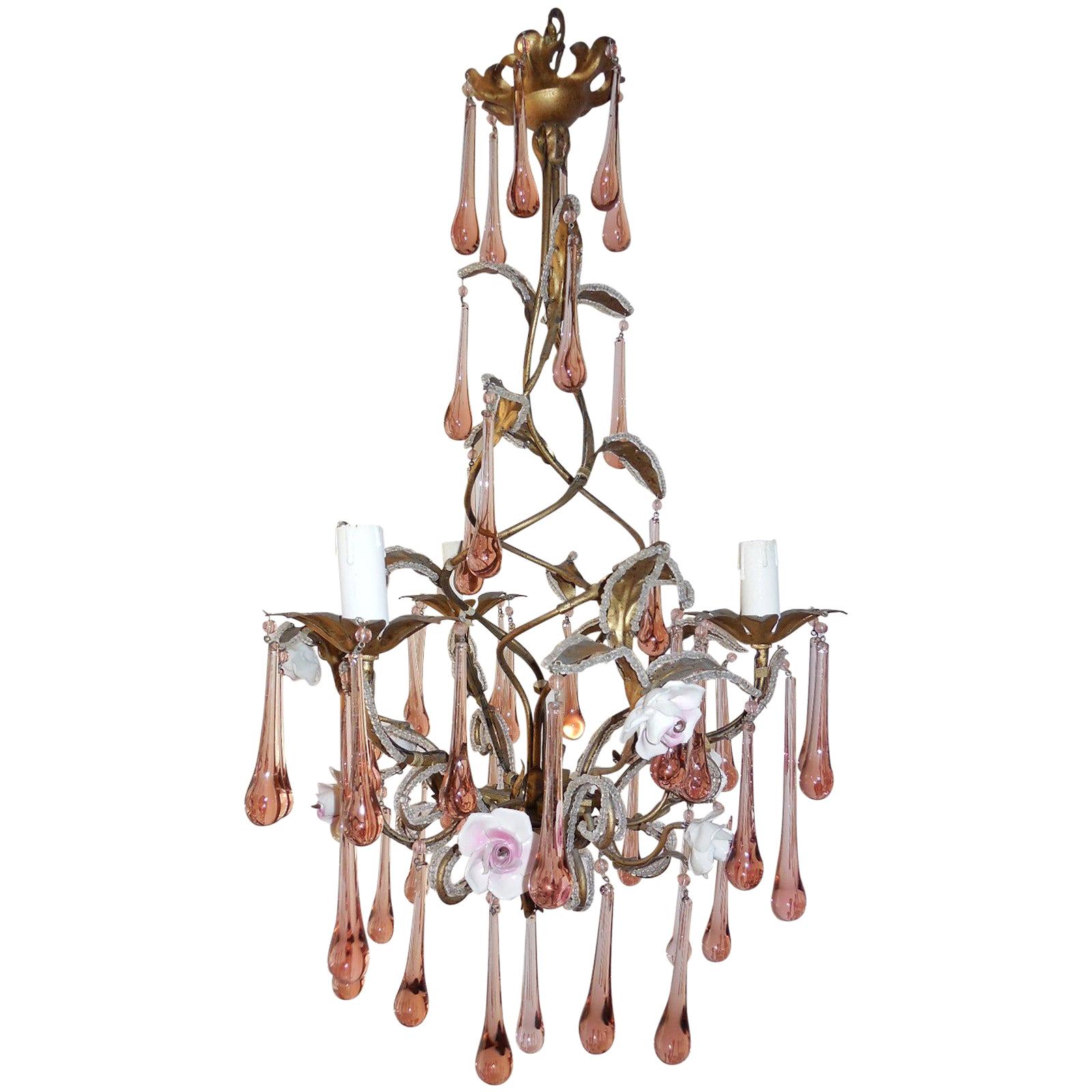 French Maison Bagues Style Pink Drops Beaded Porcelain Roses Tole Chandelier For Sale