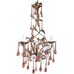 Antique French Maison Bagues Style Pink Drops Beaded Porcelain Roses Tole Chandelier