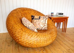 French Mushroom Rattan Pod Easy Lounge Chair 1970s Large Blonde Statement XL MCM