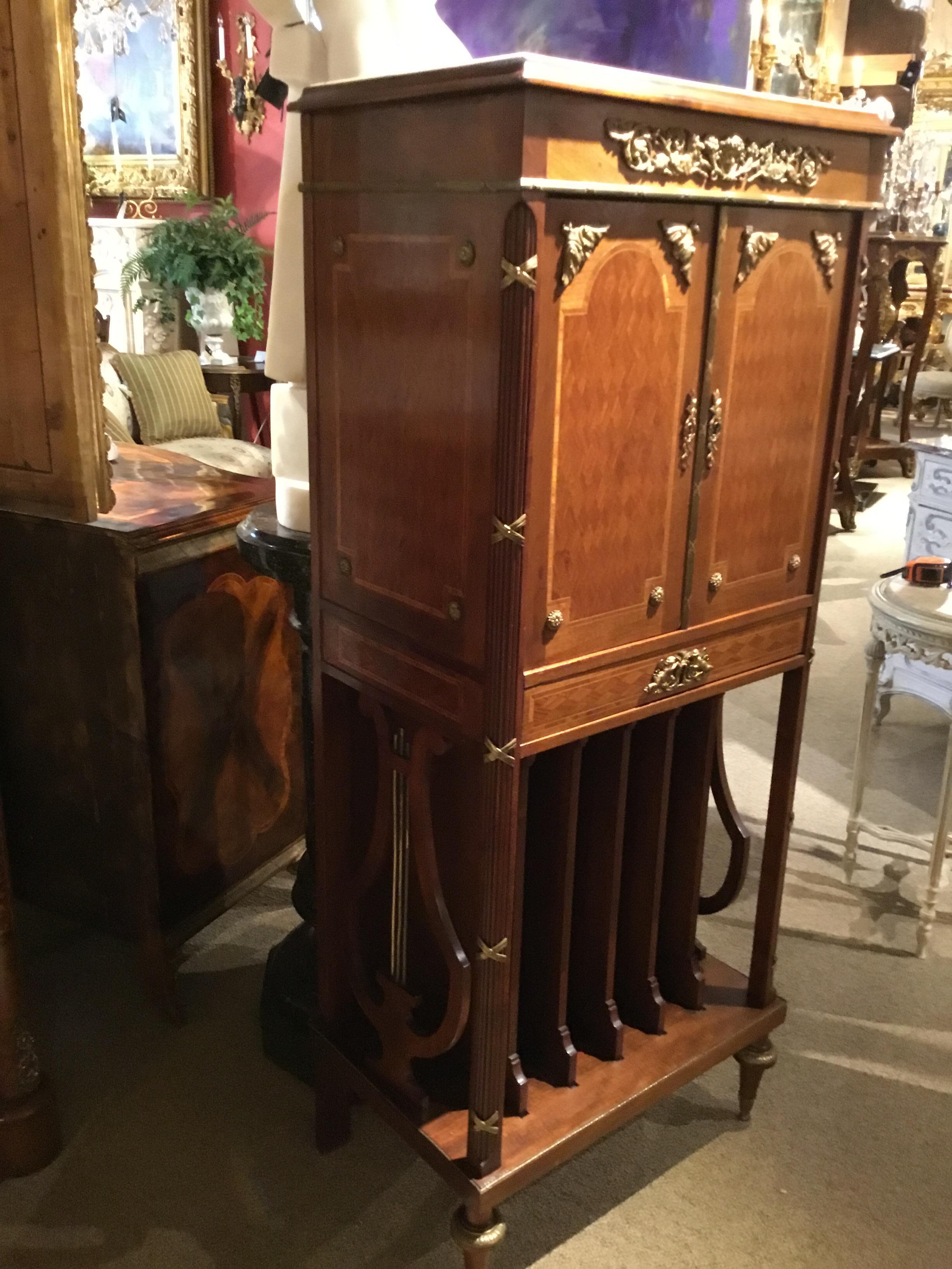 French Music Cabinet, 19th Century with Marquetry and Bronze Mounts, Marble Top In Good Condition In Houston, TX