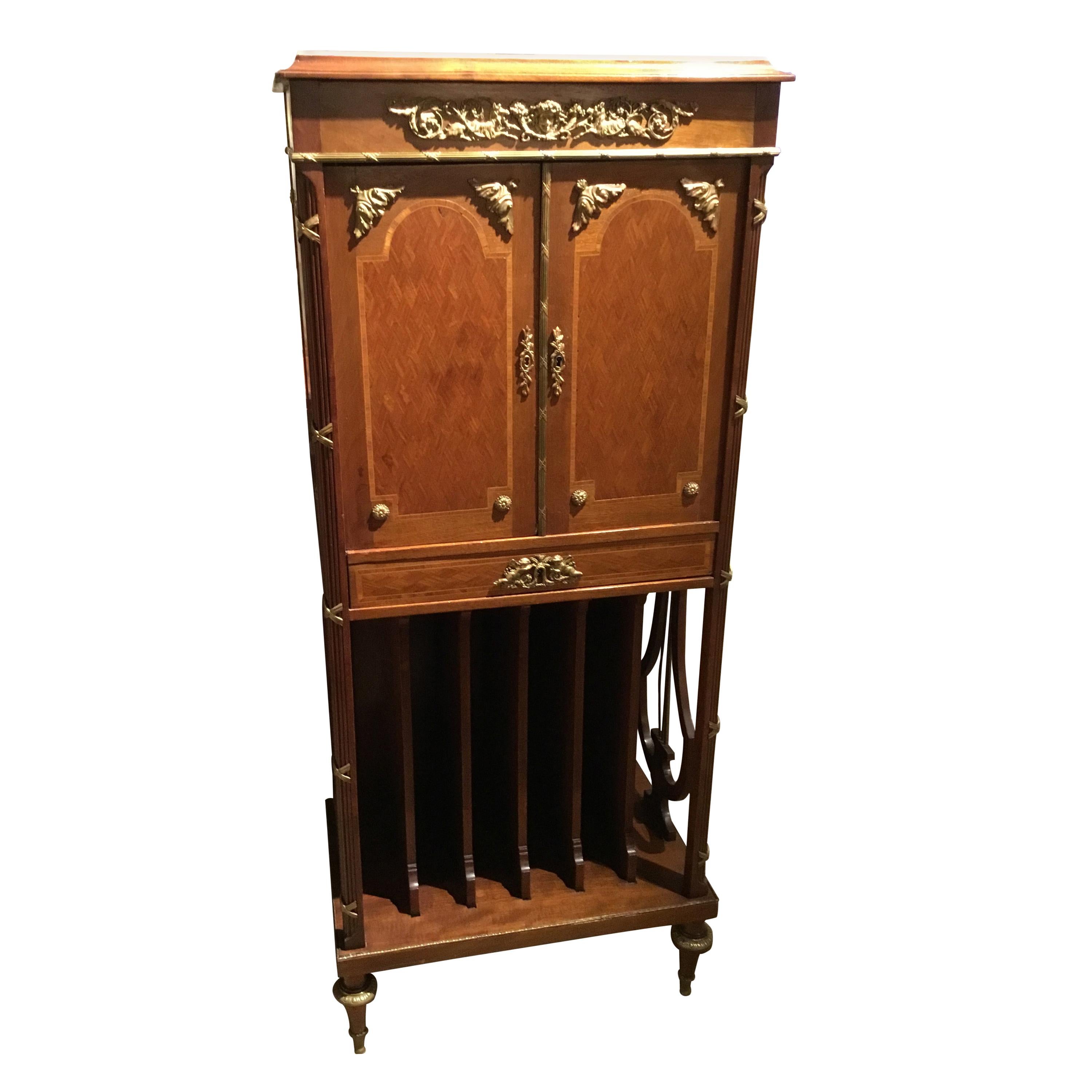French Music Cabinet, 19th Century with Marquetry and Bronze Mounts, Marble Top