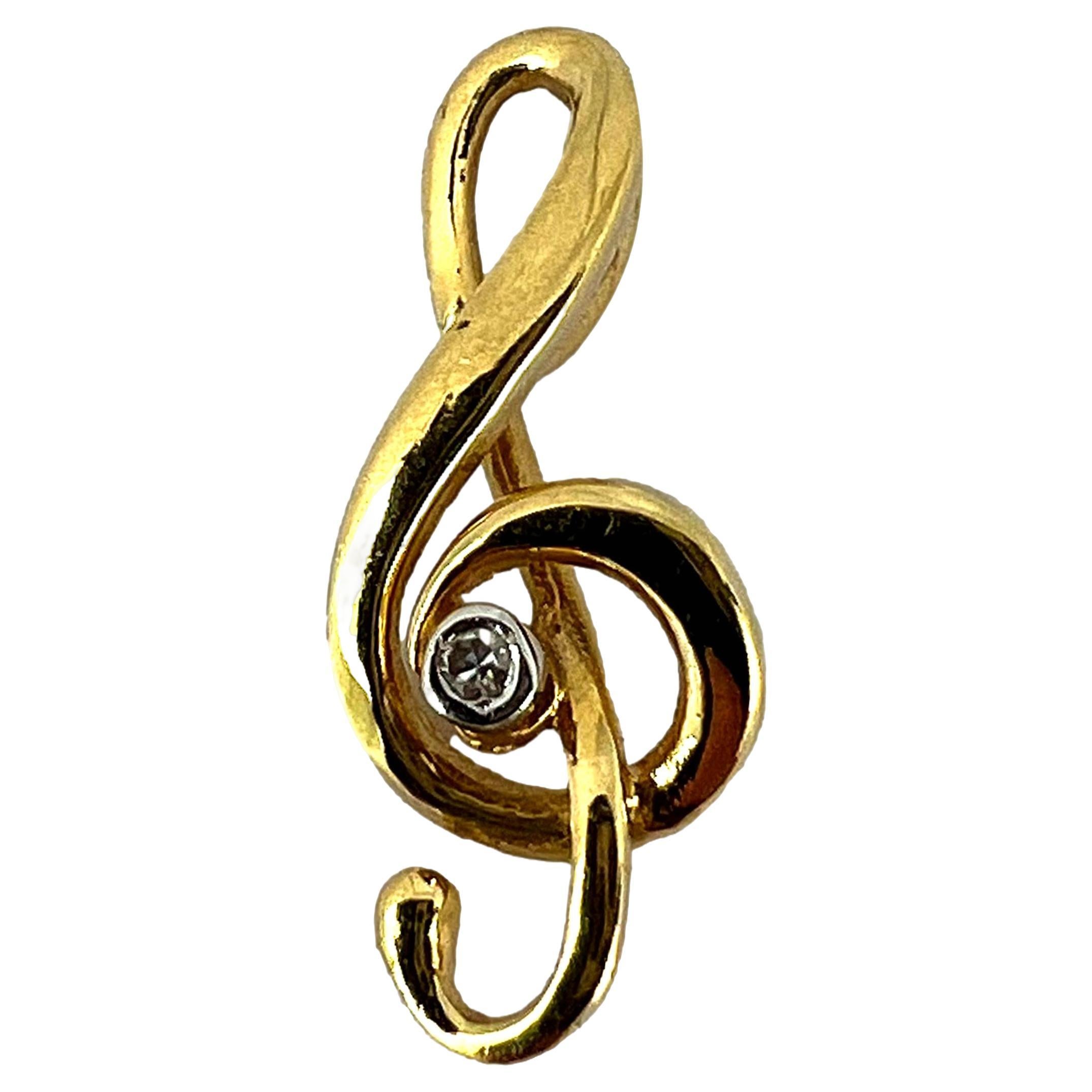 French Music Treble Clef Diamond 18K Yellow Gold Charm Medal Pendant For Sale