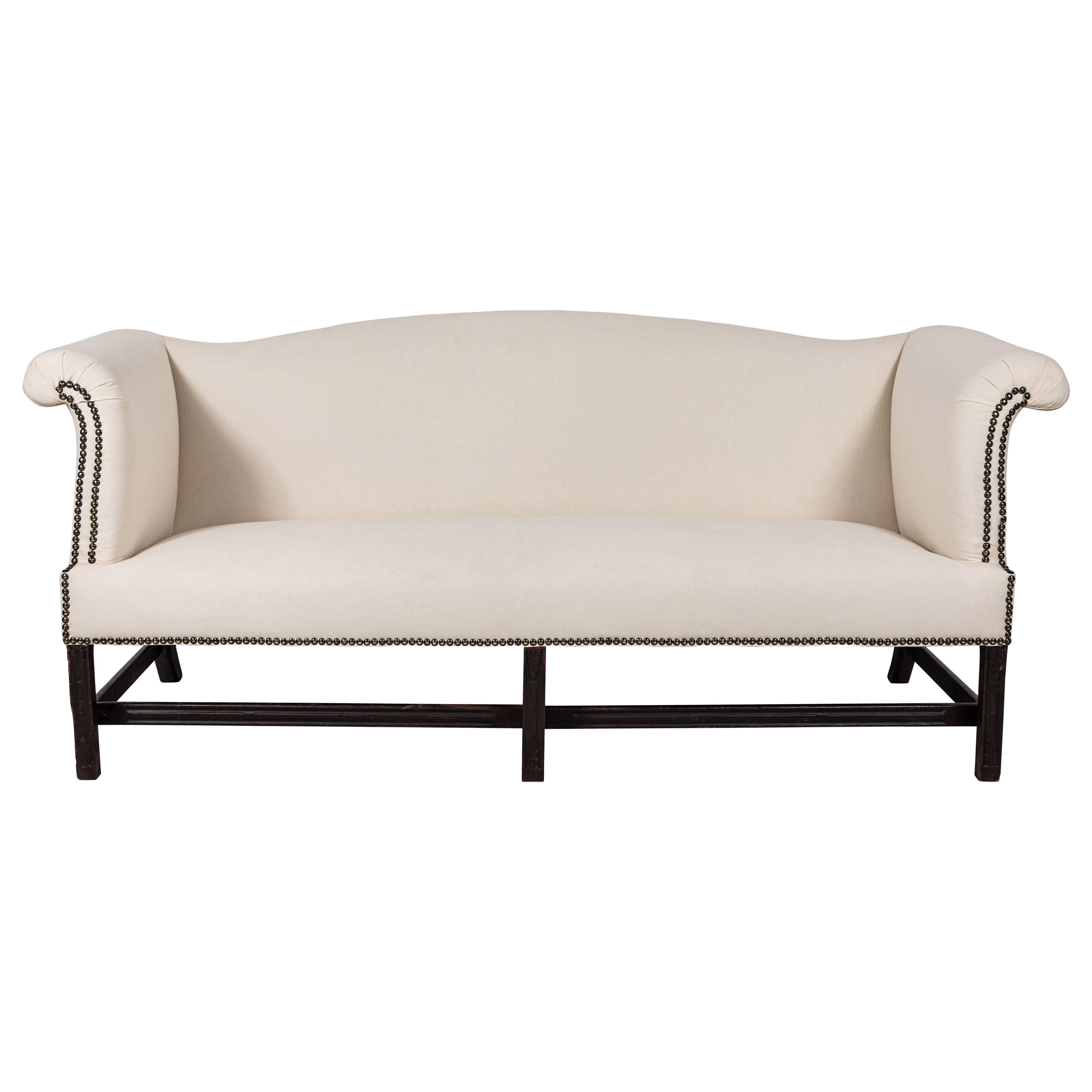 French Muslin Camelback Sofa with Nail Head Details