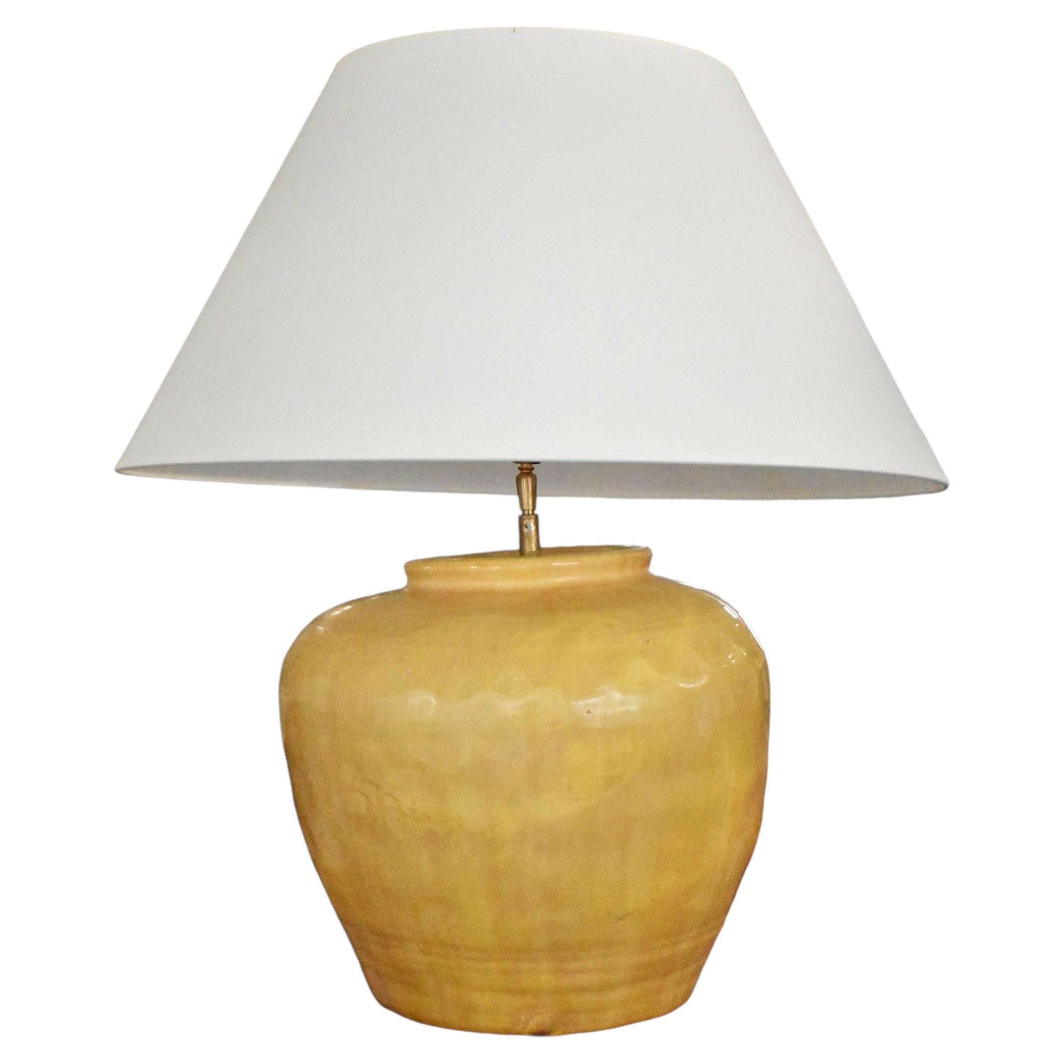 French Mustard Ceramic Lamp with Paper Shade