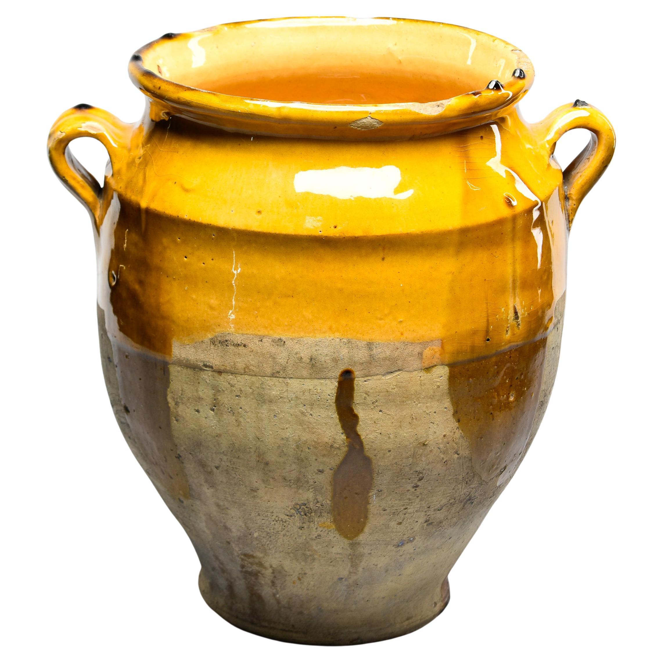 French Mustard Glazed Confit Jar with Dark Streaks For Sale