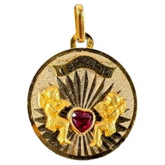 Francés Mi Corazón Late Por Ti Il Bat Pour Toi Colgante Amor Rubí Oro Amarillo 18K