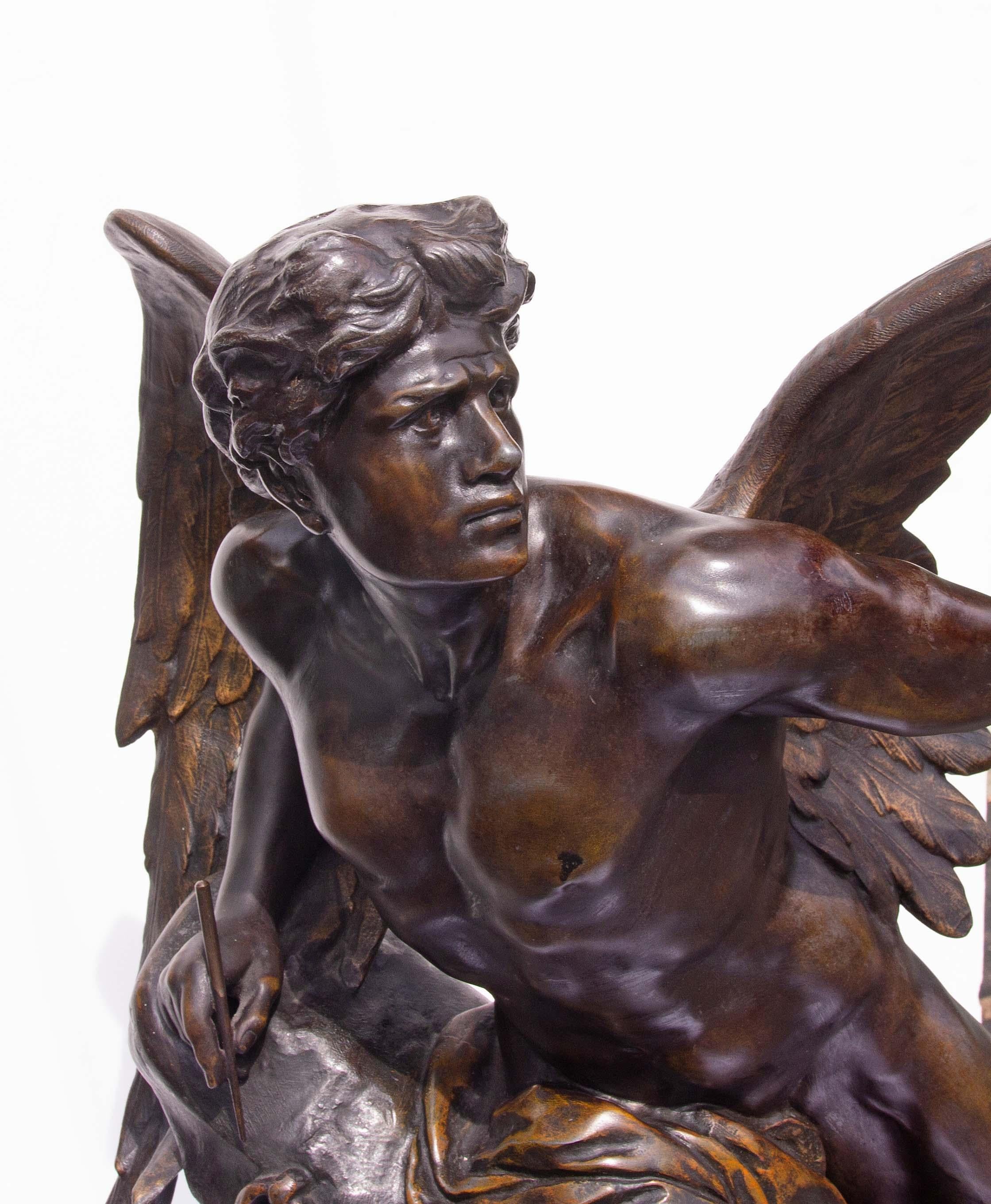 Patinated French Mythological Figural Clock After Emile Picault 19th Century