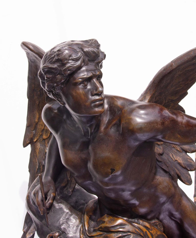 Patinated French Mythological Figural Clock After Emile Picault 19th Century For Sale