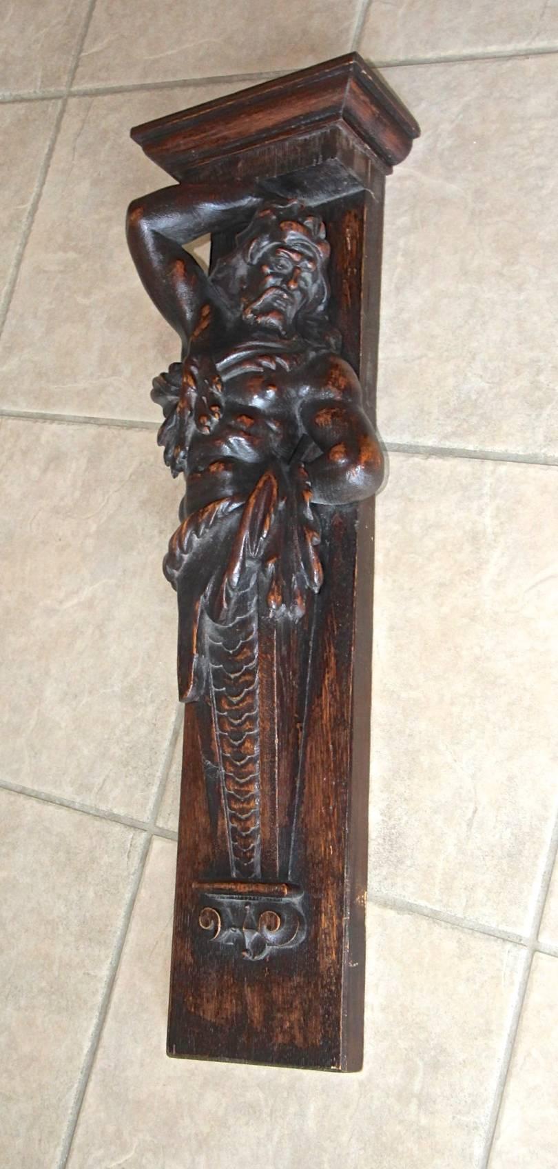 One of a kind French 19th century architectural carved wood carving wall art of a male the mythological god Poseidon. Expertly carved.
