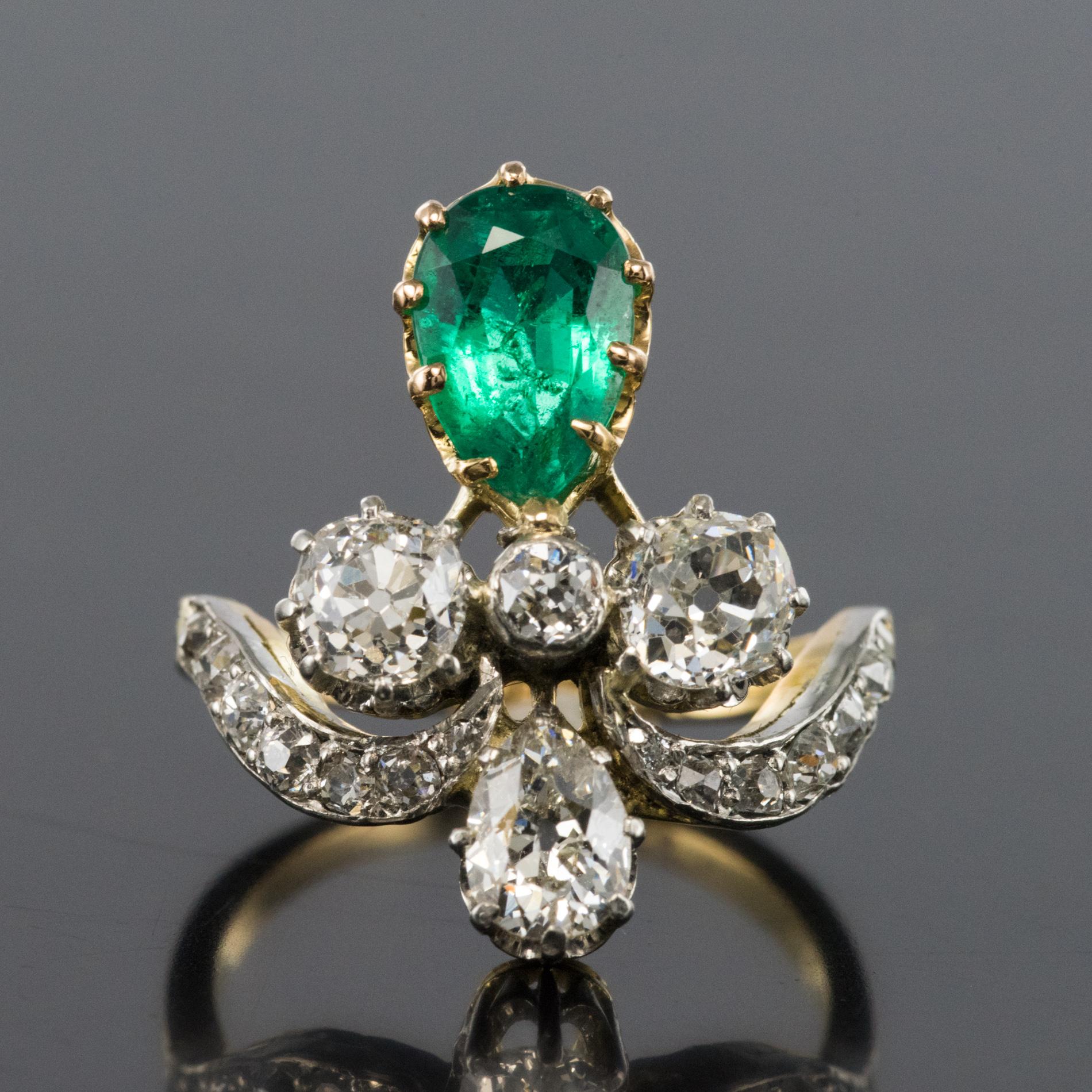 Pear Cut French Napoleon 3 1850s Emerald Diamond Duchess Ring