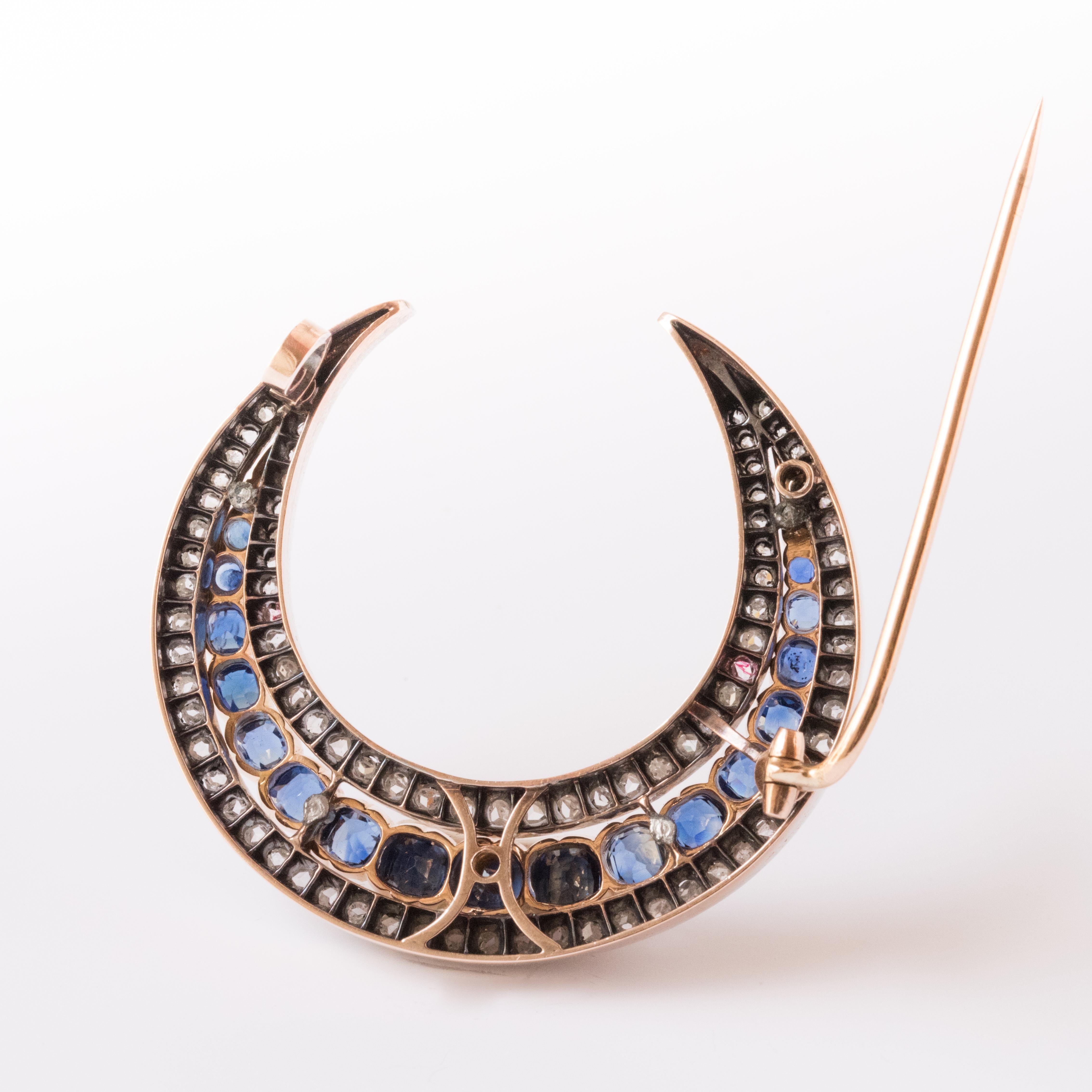 French Napoleon 3 Antique Crescent Moon Sapphire Diamond Brooch  For Sale 1