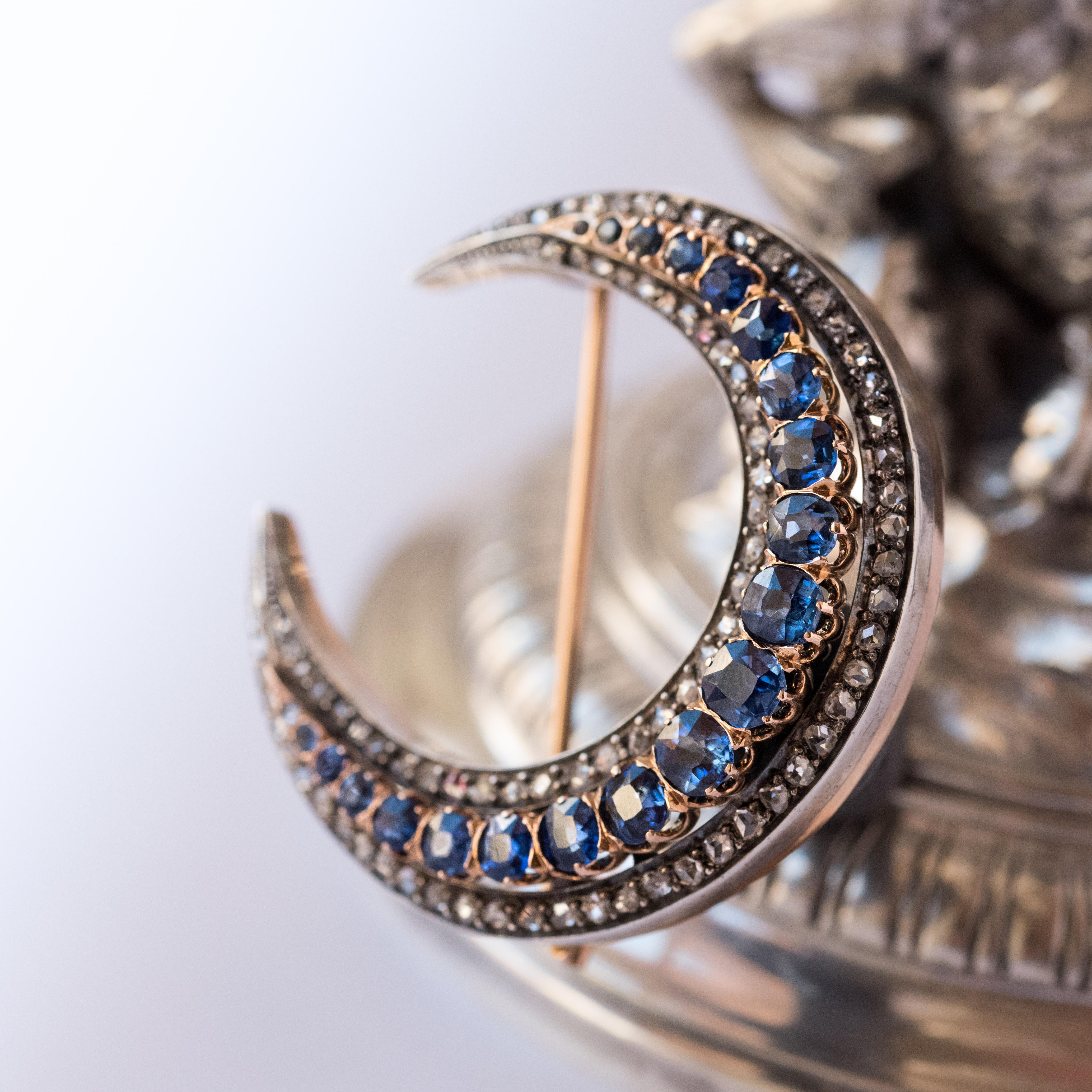 Napoleon III French Napoleon 3 Antique Crescent Moon Sapphire Diamond Brooch  For Sale