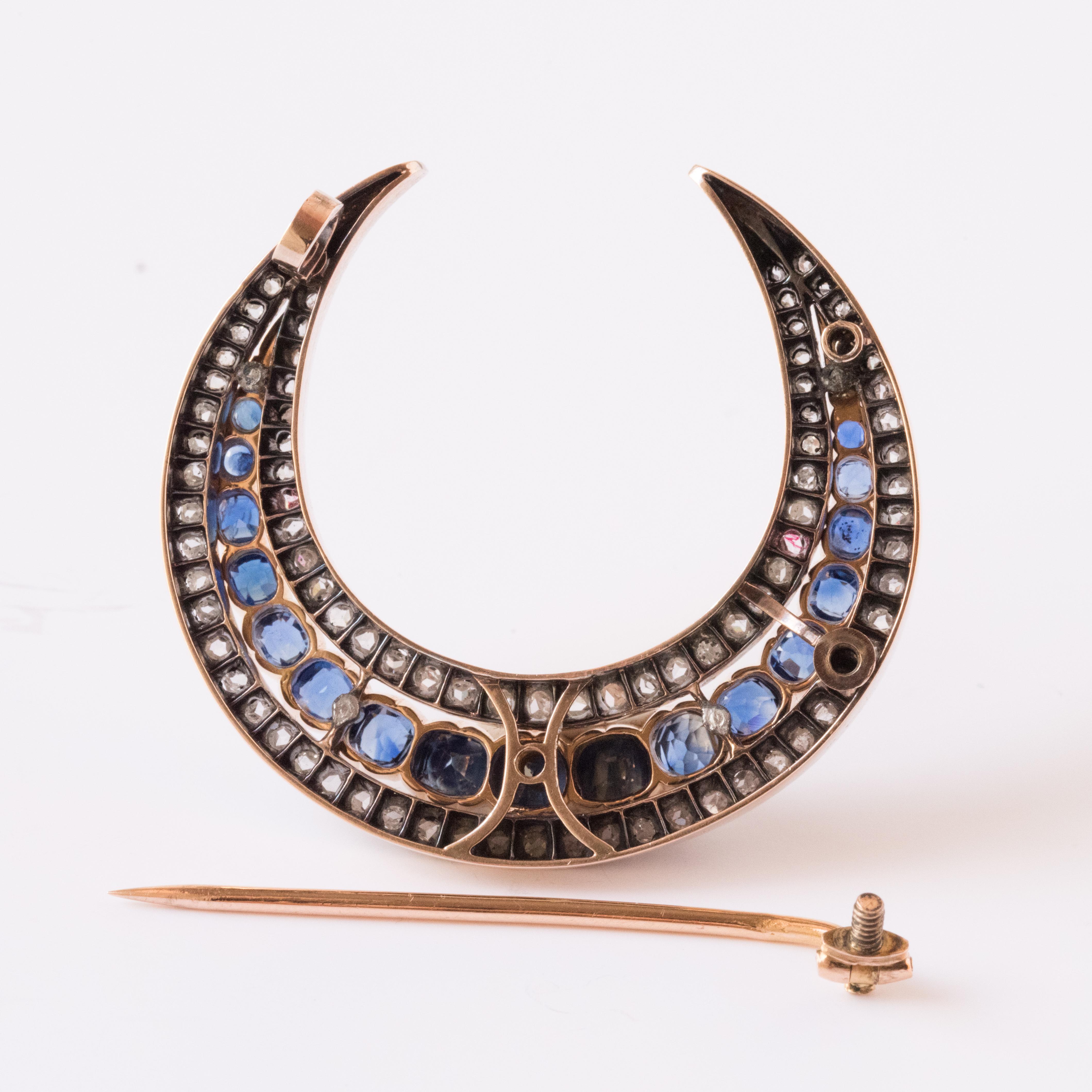 Women's French Napoleon 3 Antique Crescent Moon Sapphire Diamond Brooch  For Sale