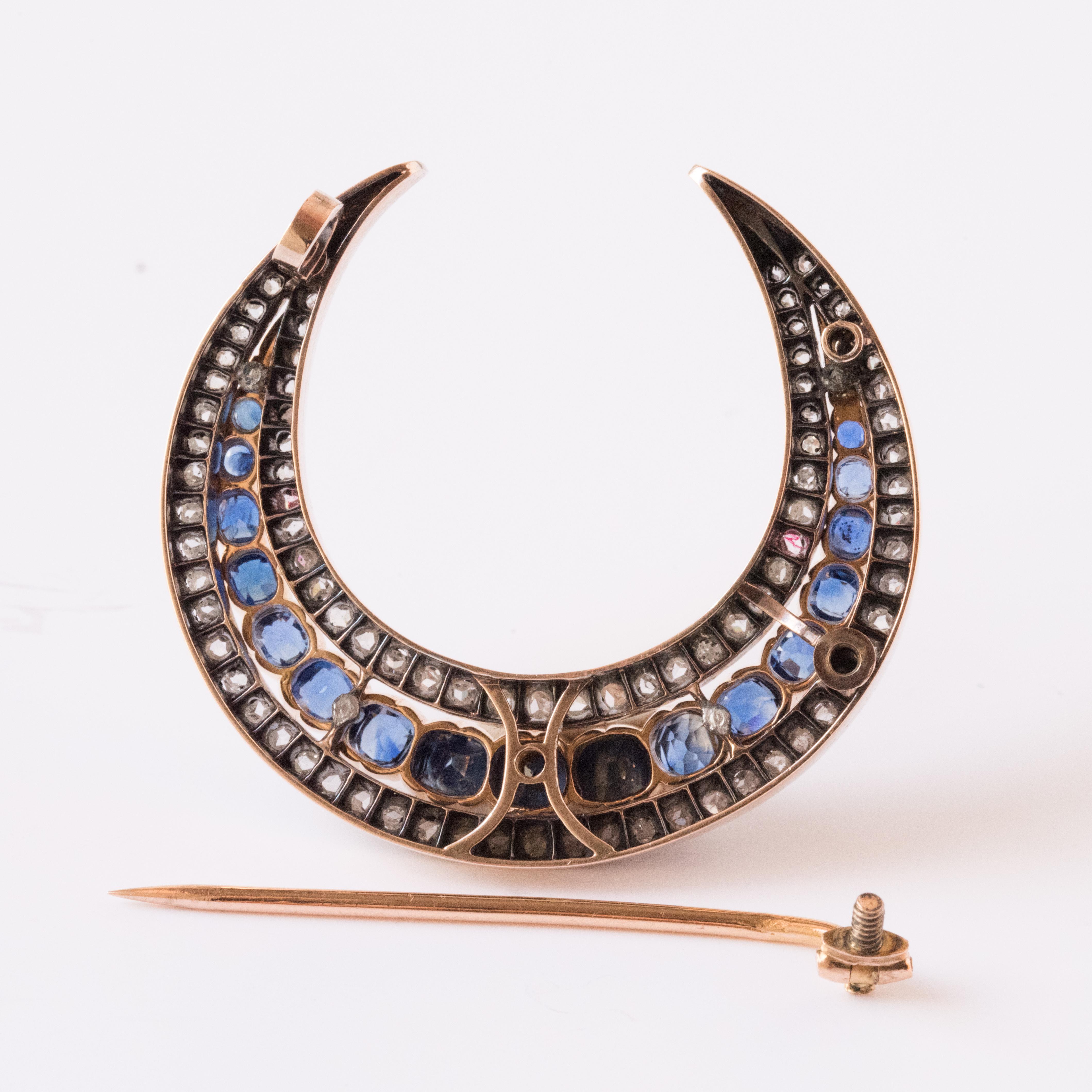 Women's French Napoleon 3 Antique Crescent Moon Sapphire Diamond Brooch