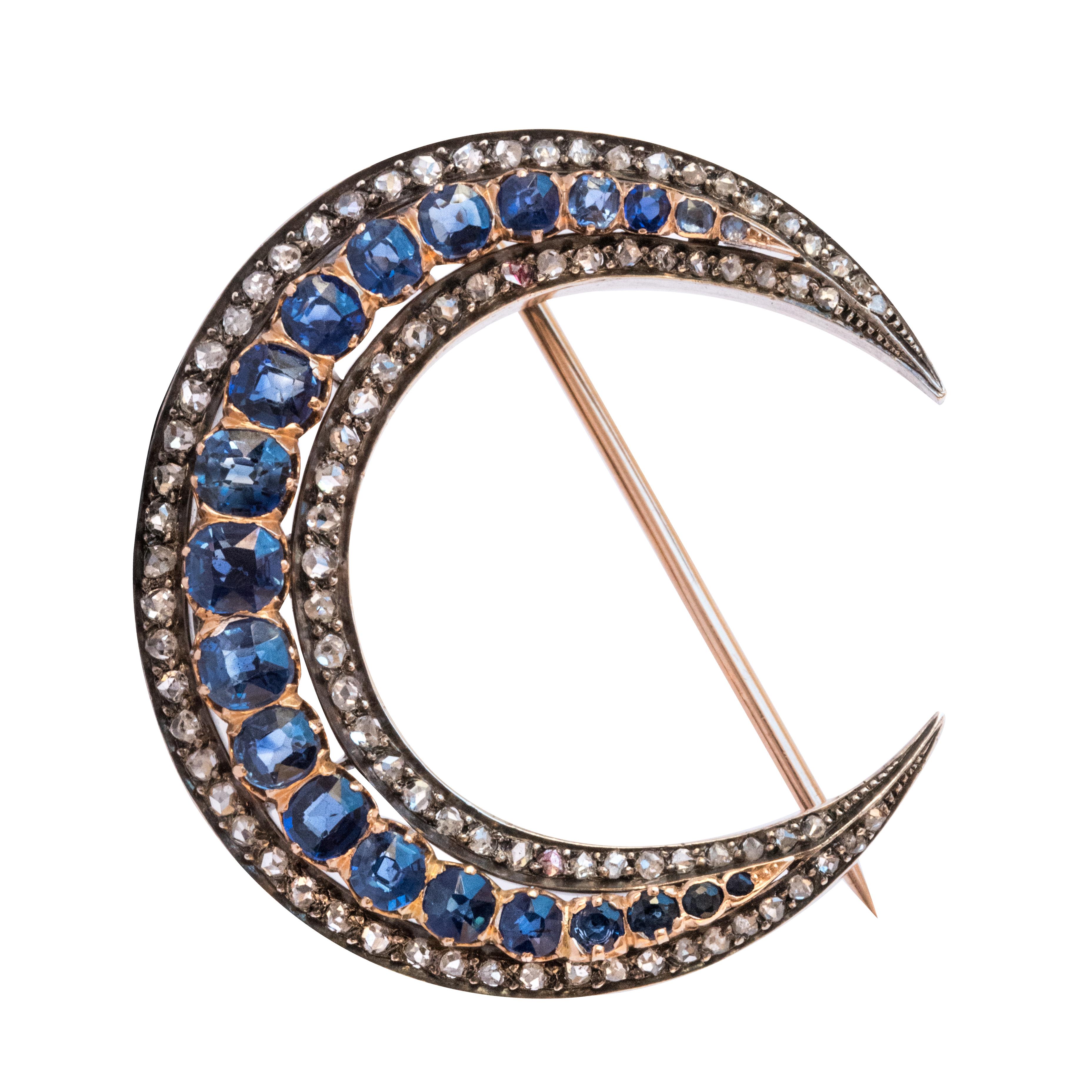 French Napoleon 3 Antique Crescent Moon Sapphire Diamond Brooch  For Sale