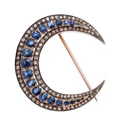 French Napoleon 3 Vintage Crescent Moon Sapphire Diamond Brooch 