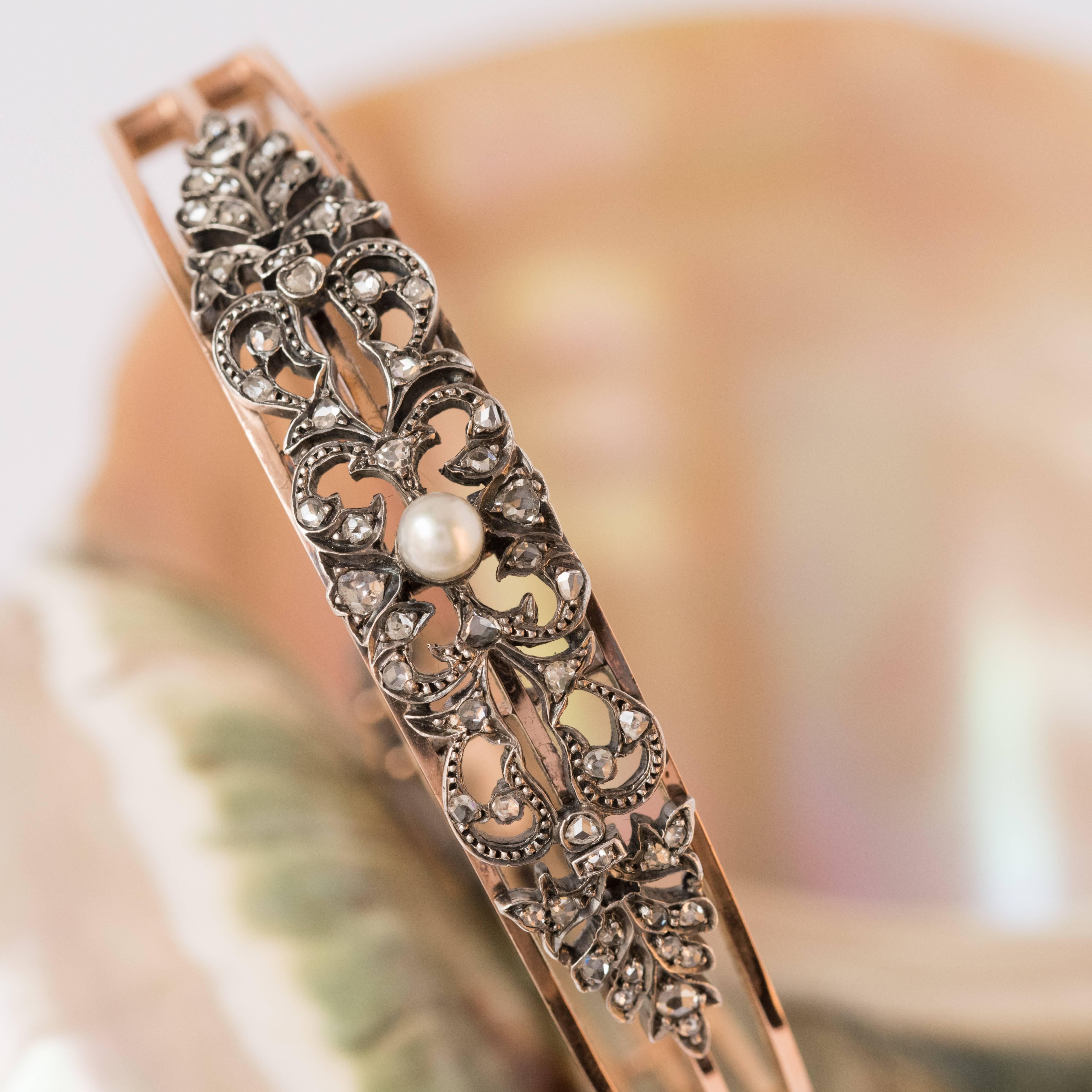 Bracelet en or et argent avec perles naturelles et diamants de l'époque de Napoléon 3.  Bon état - En vente à Poitiers, FR