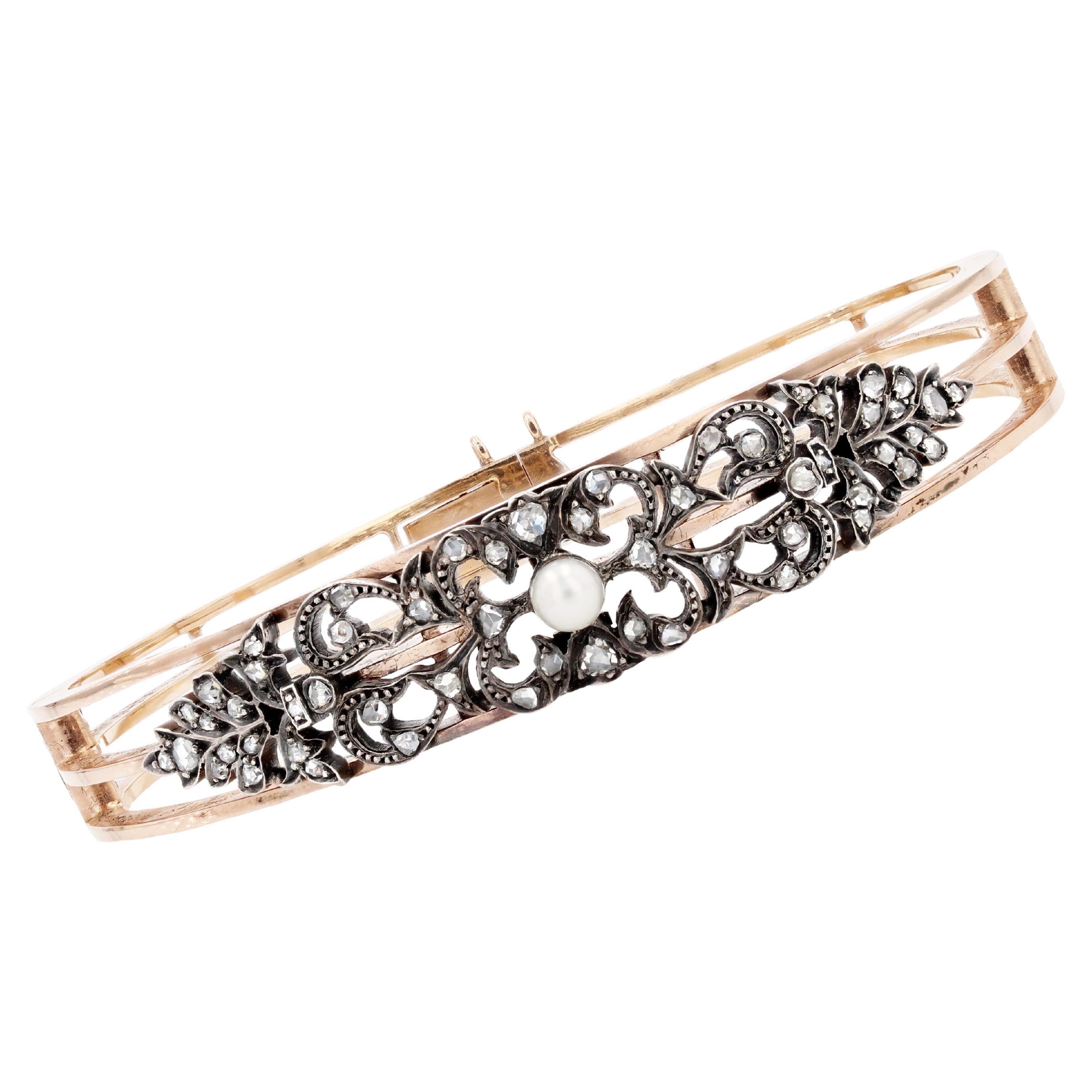French Napoleon 3 Antique Natural Pearl Diamond Silver Gold Bangle Bracelet