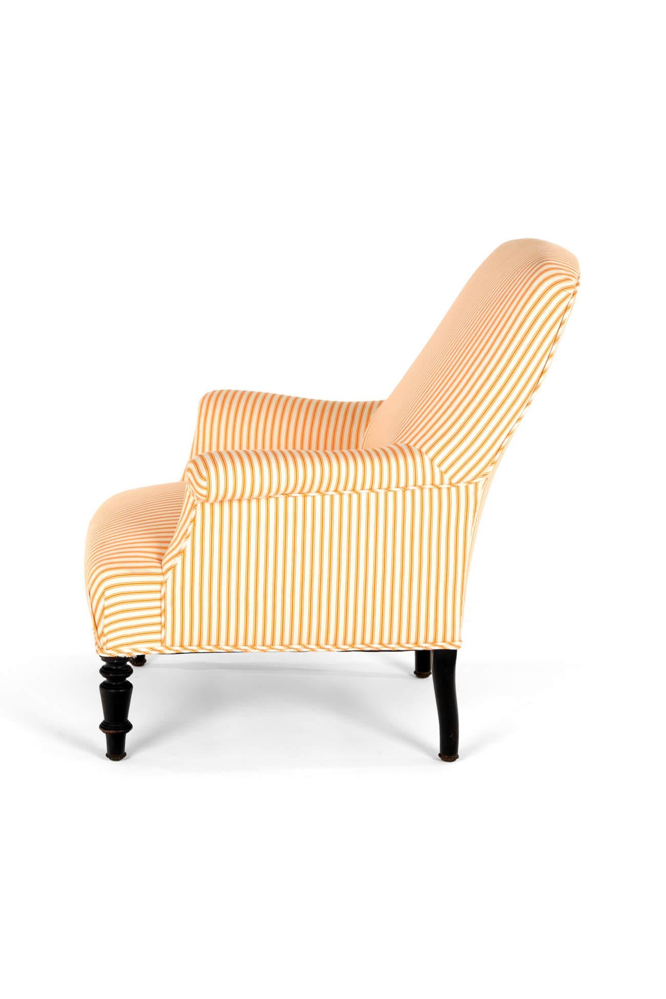 Hand-Crafted French Napoleon Armchair in Goldenrod Ticking For Sale