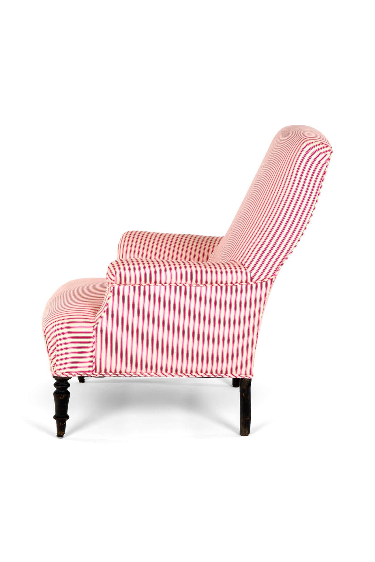 Hand-Crafted French Napoleon Armchair in Pink Candy stripe Ticking