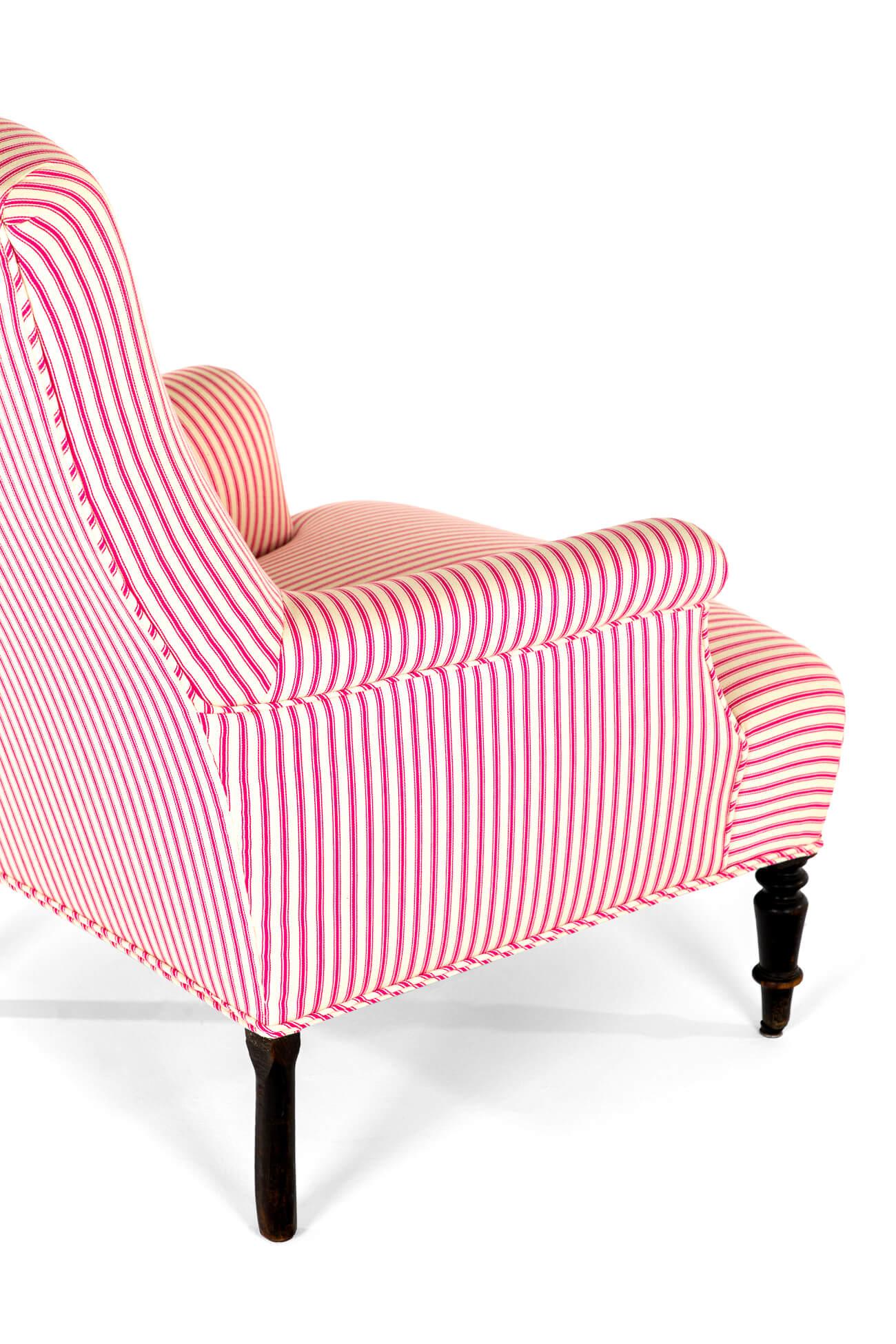 19th Century French Napoleon Armchair in Pink Candy stripe Ticking