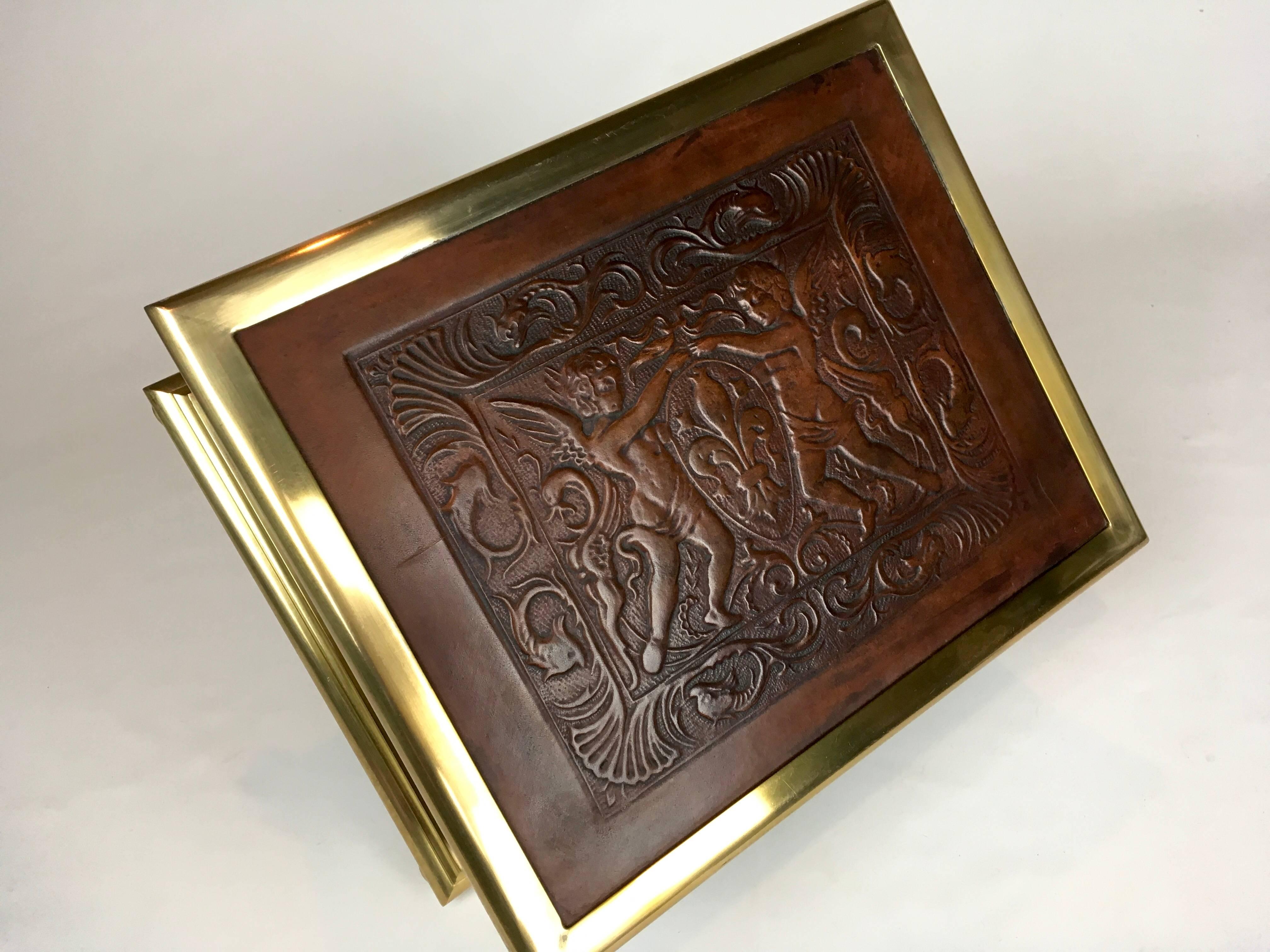 Hand-Crafted French Napoleon Brass and Leather Box Putti