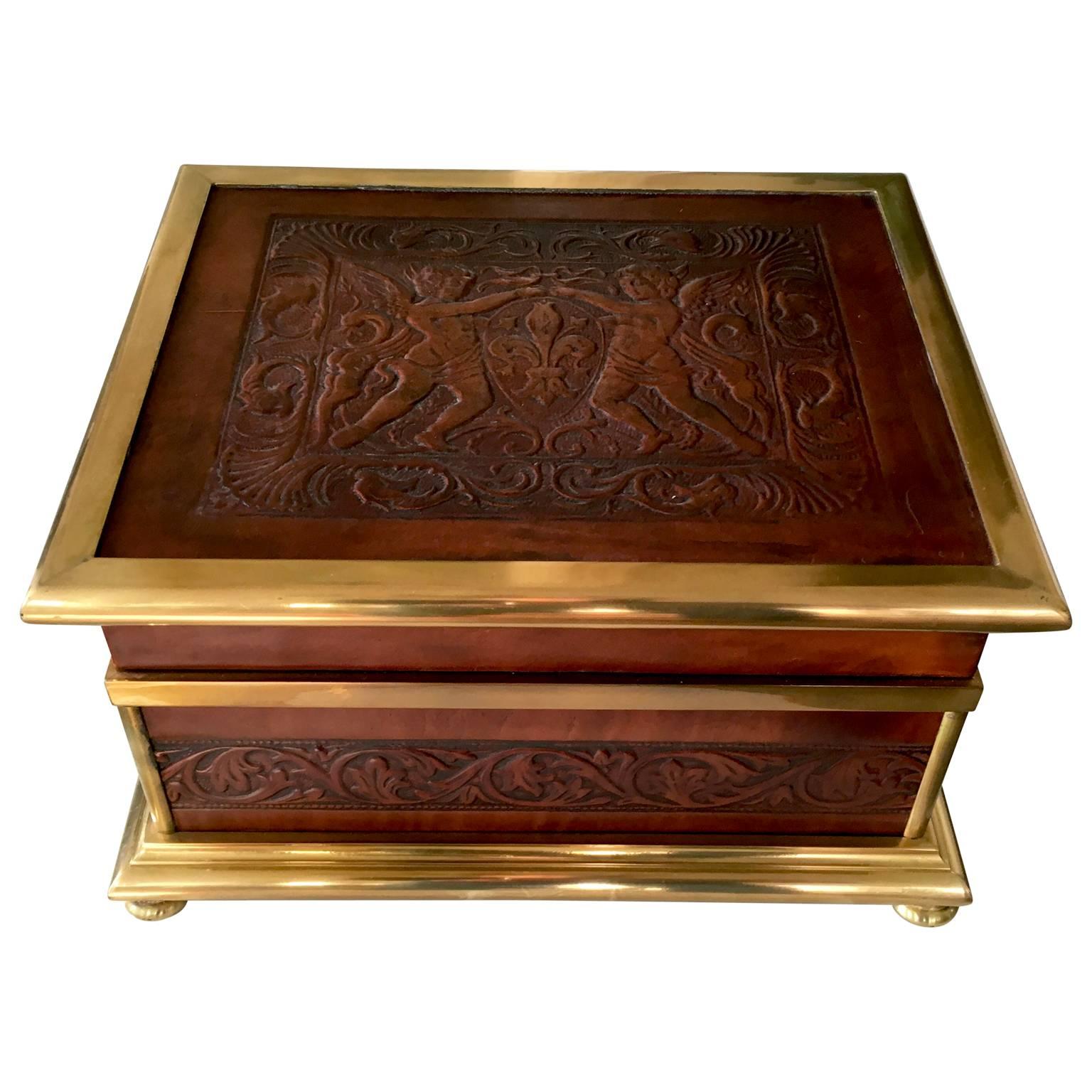 French Napoleon Brass and Leather Box Putti