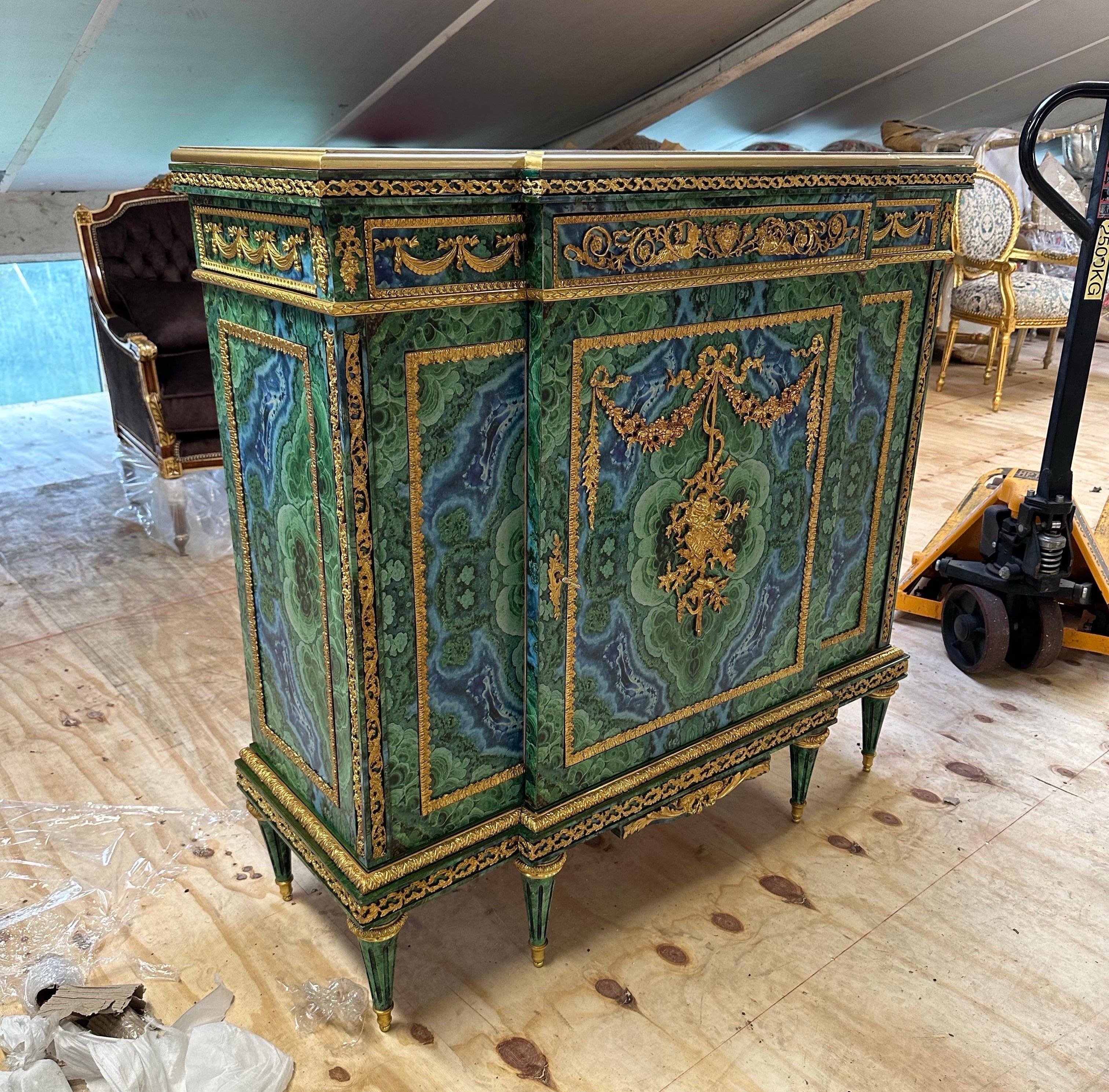 French napoleon, bronze ormolu mounted pier cabinet, malachite style In Good Condition For Sale In Worthing, GB